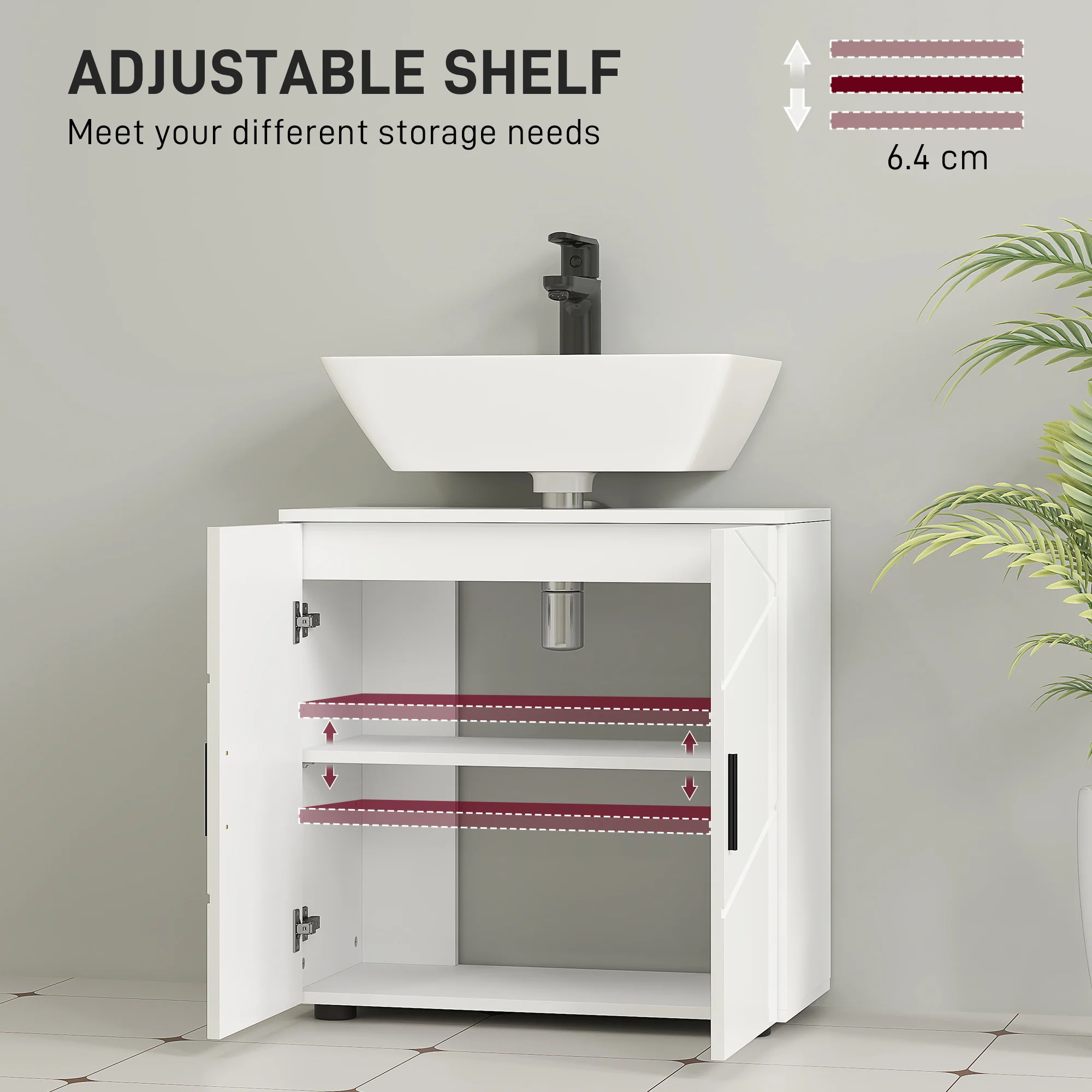 kleankin Bathroom Vanity Unit, Under Sink Cabinet with Shelf, White - Image 4