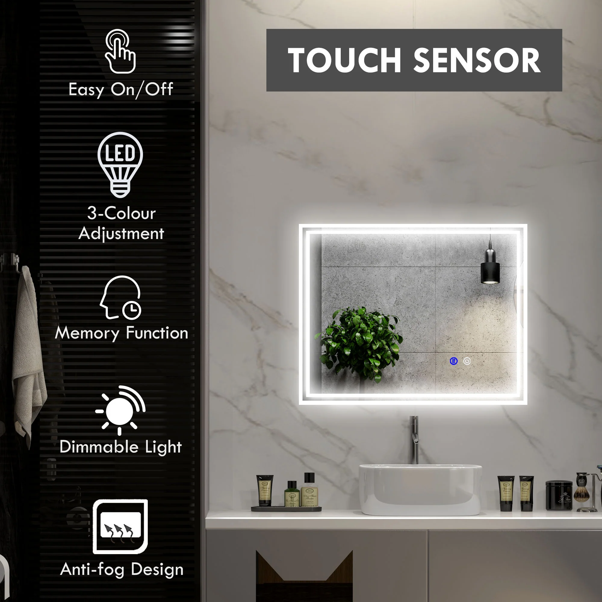 kleankin Dimmable Bathroom Mirror with LED Lights, 3 Colours, Defogging Film - Image 3