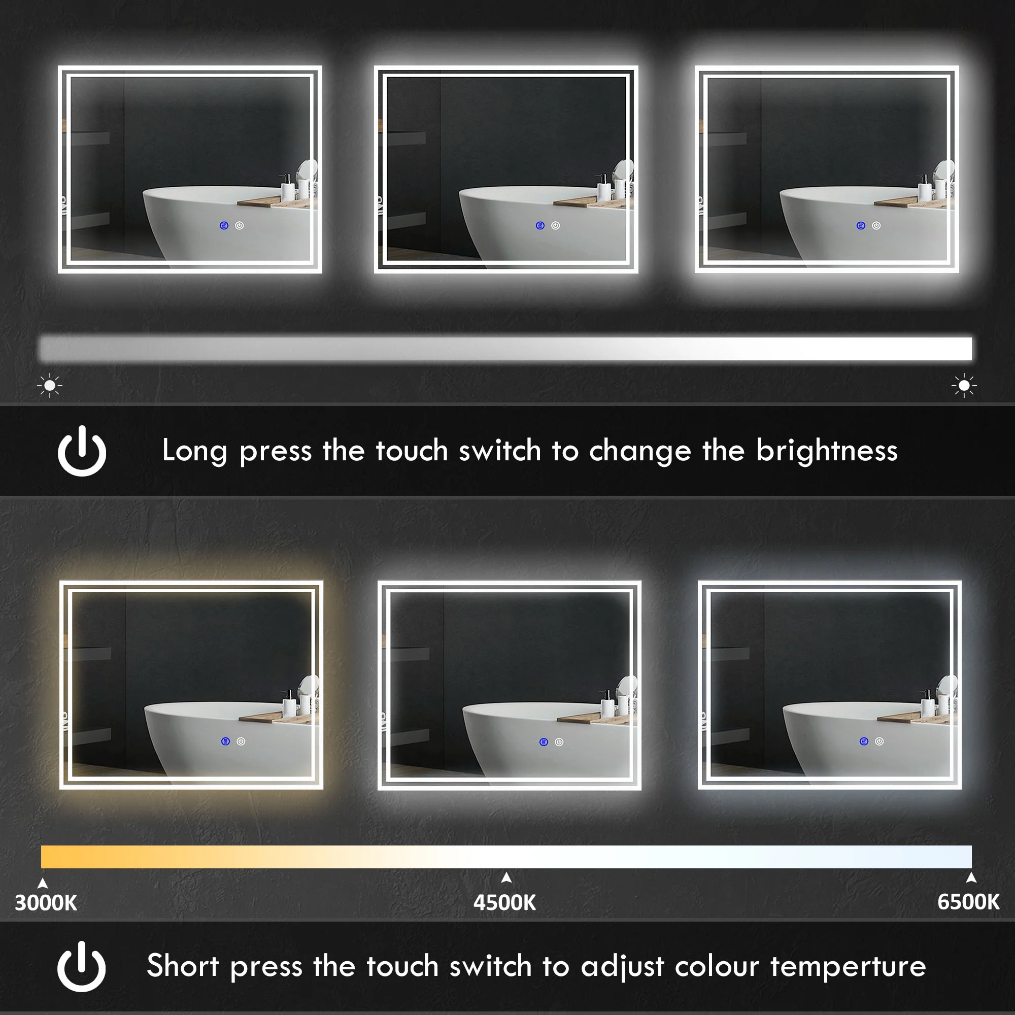 kleankin Dimmable Bathroom Mirror with LED Lights, 3 Colours, Defogging Film - Image 4