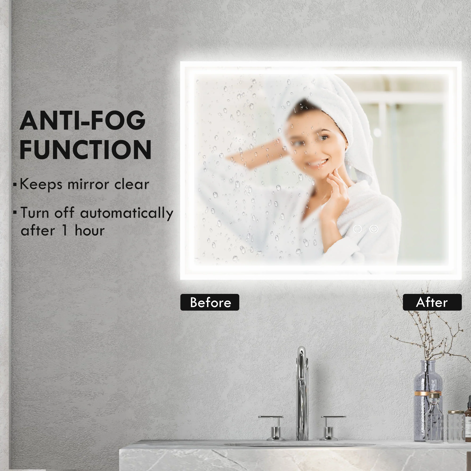 kleankin Dimmable Bathroom Mirror with LED Lights, 3 Colours, Defogging Film - Image 6
