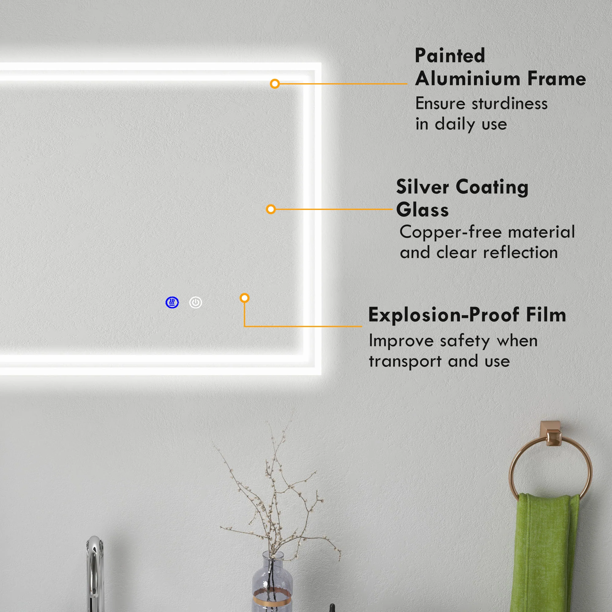 kleankin Dimmable Bathroom Mirror with LED Lights, 3 Colours, Defogging Film - Image 7