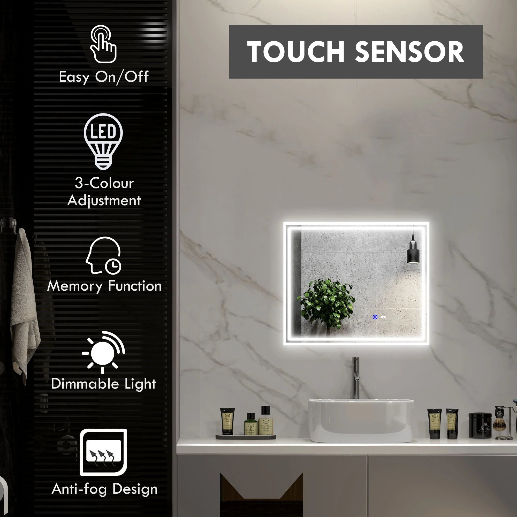 kleankin Dimmable Bathroom Mirror with LED Lights, 3 Colours, Defogging Film - Image 3