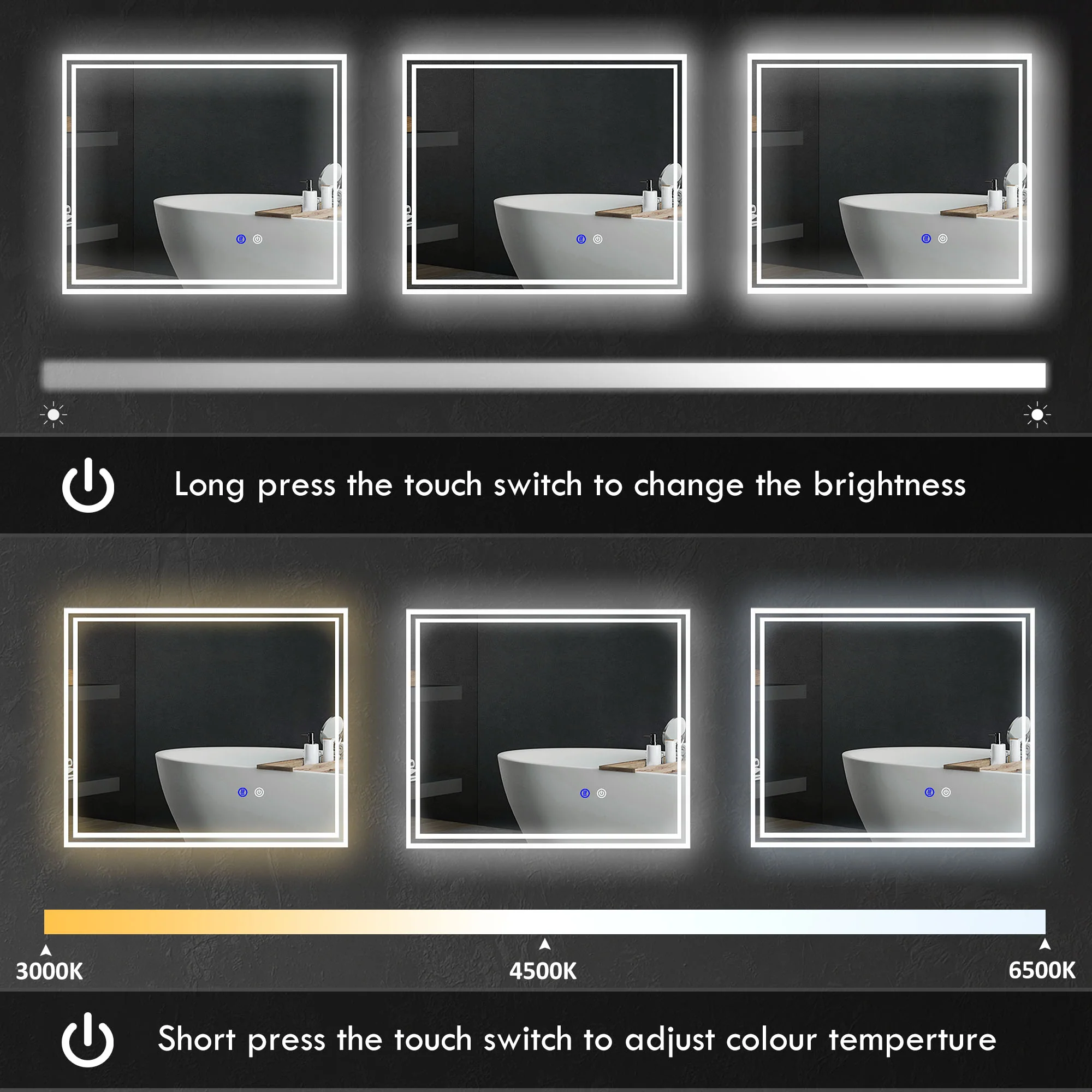 kleankin Dimmable Bathroom Mirror with LED Lights, 3 Colours, Defogging Film - Image 4