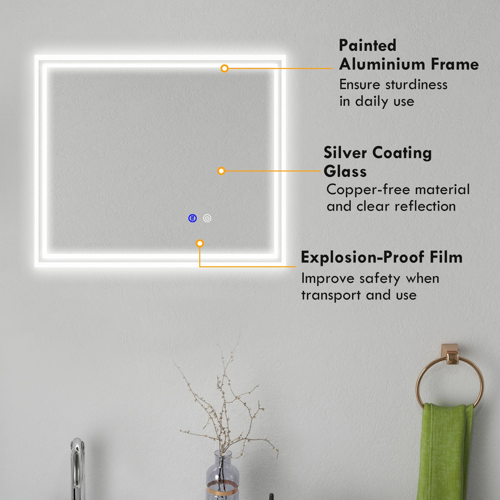 kleankin Dimmable Bathroom Mirror with LED Lights, 3 Colours, Defogging Film - Image 7