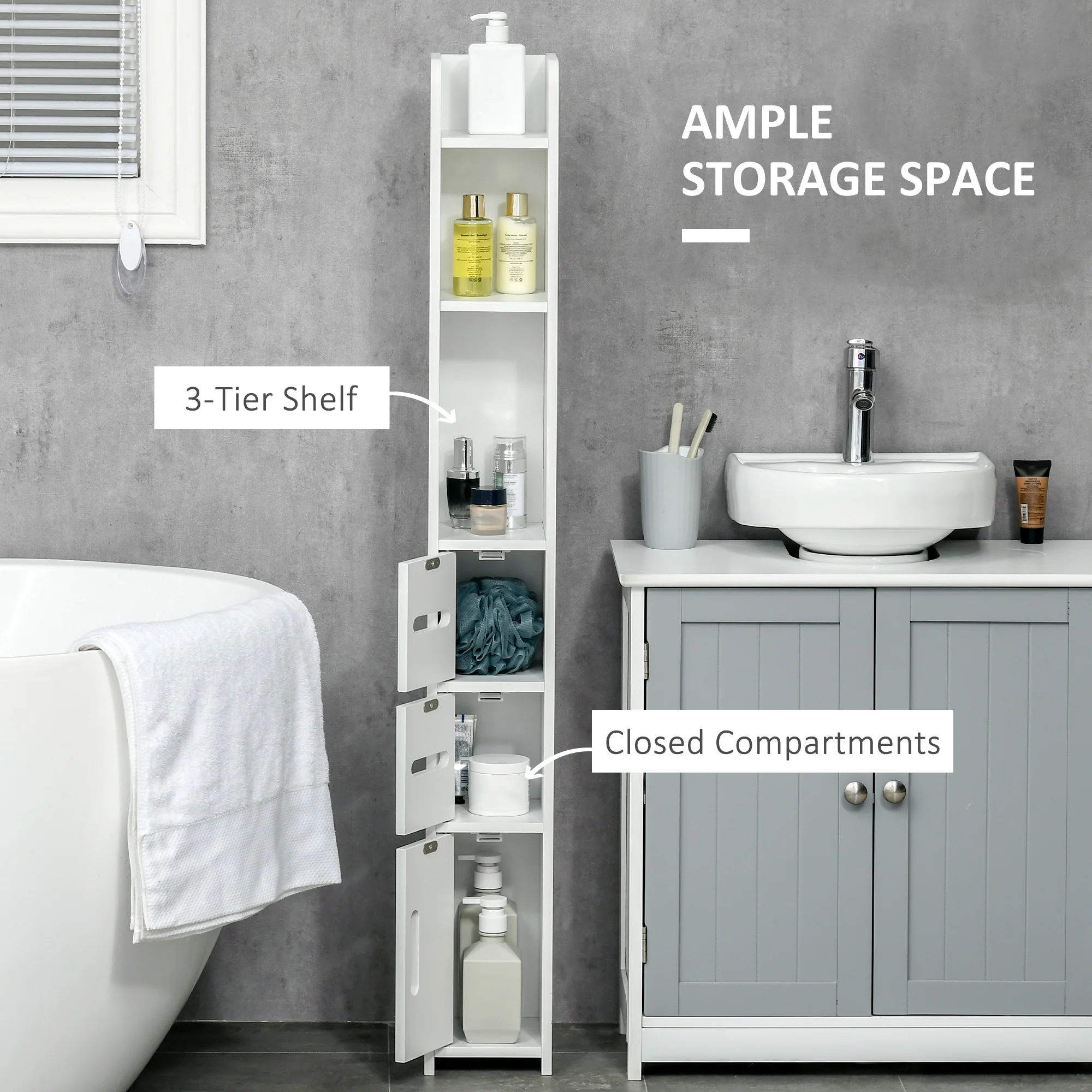 Kleankin Freestanding Bathroom Cabinet W/ Open Shelves 3 Cupboards, White - Image 3
