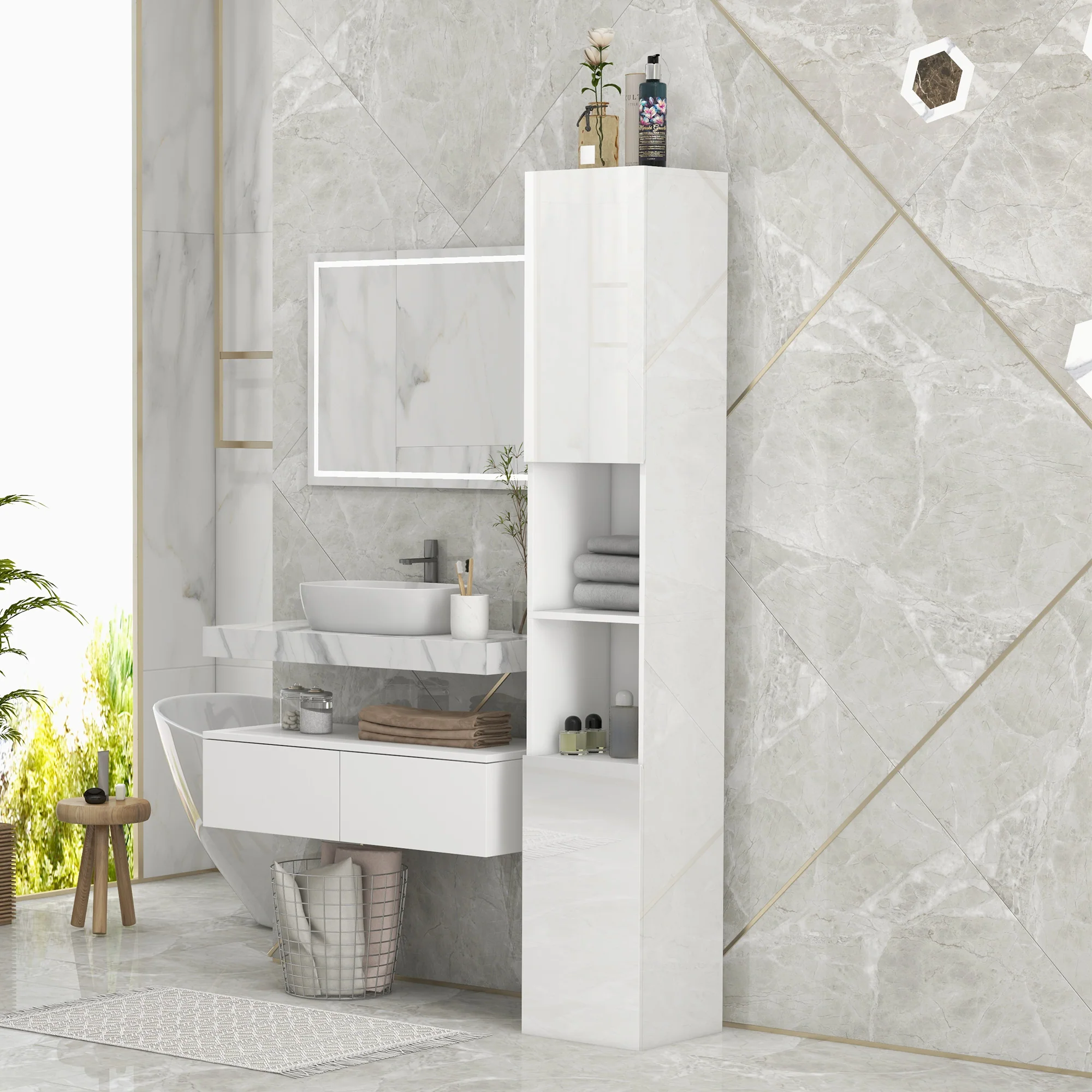 kleankin High Gloss Bathroom Floor Cabinet Storage Cupboard with Doors - Image 2