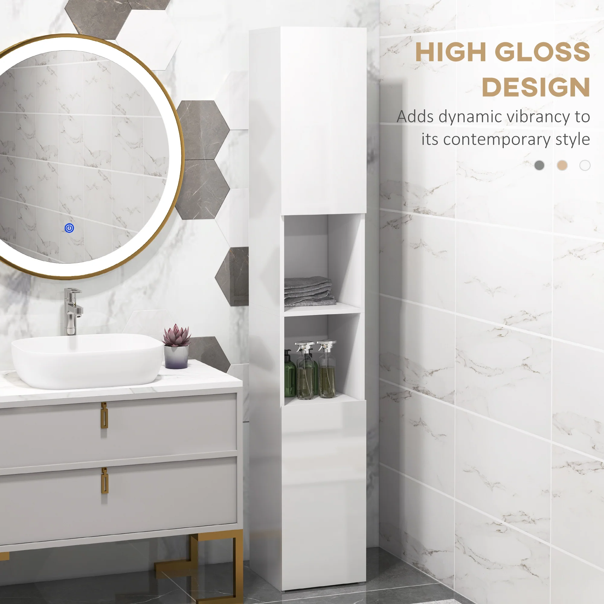 kleankin High Gloss Bathroom Floor Cabinet Storage Cupboard with Doors - Image 3
