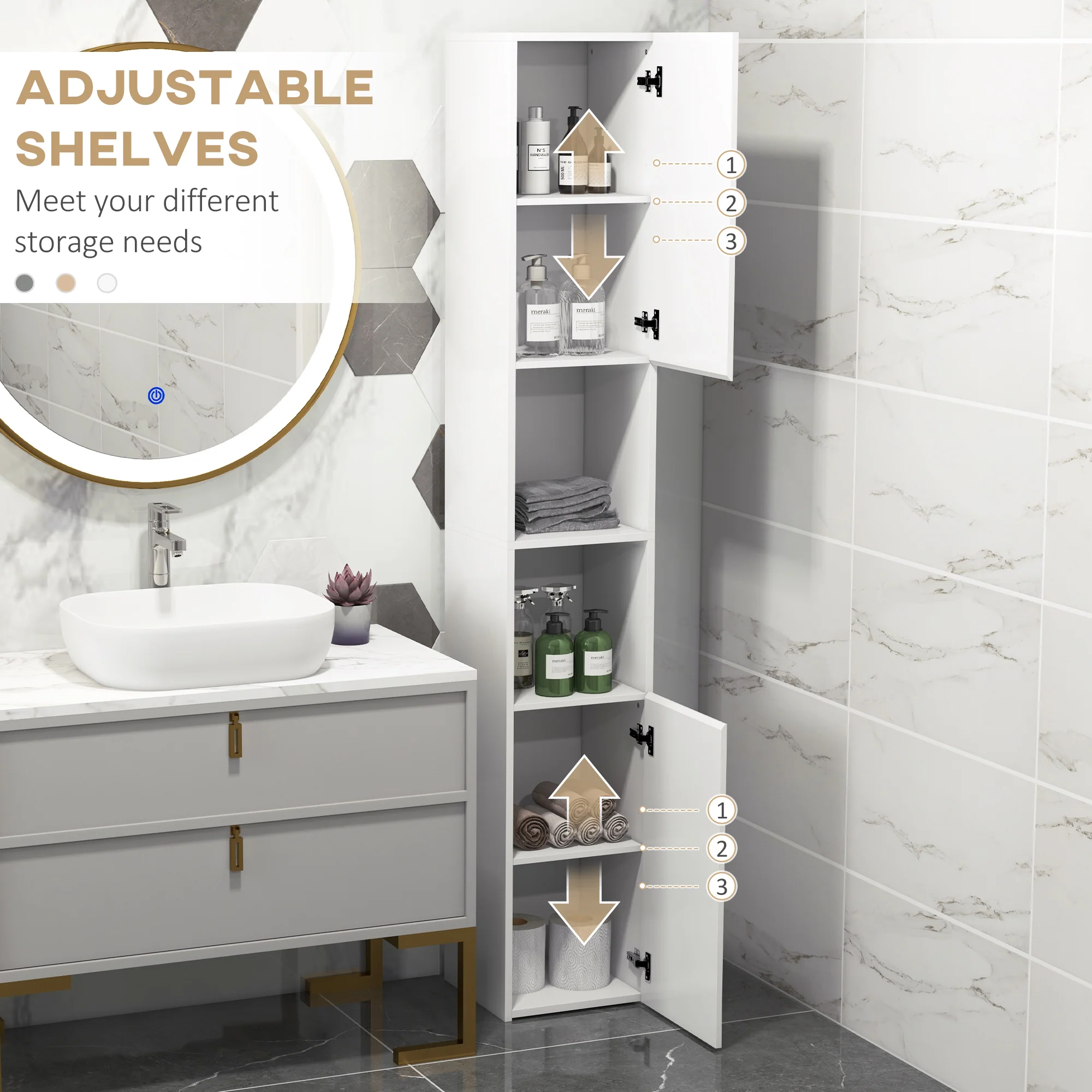 kleankin High Gloss Bathroom Floor Cabinet Storage Cupboard with Doors - Image 4