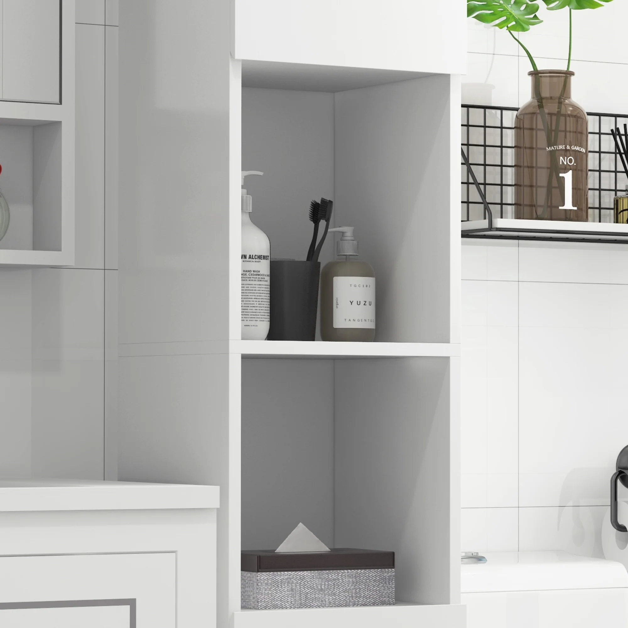 kleankin High Gloss Bathroom Floor Cabinet Storage Cupboard with Doors - Image 7