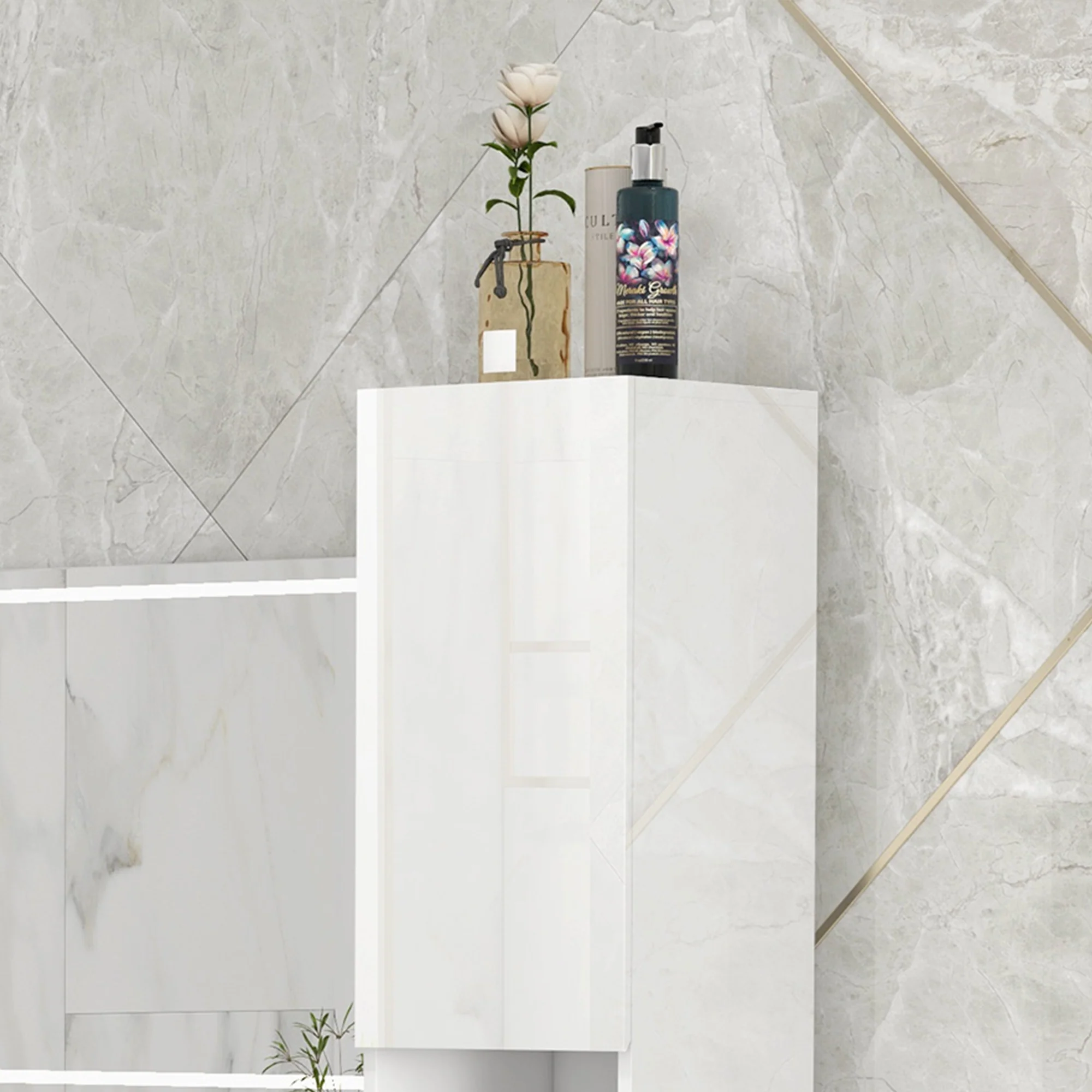 kleankin High Gloss Bathroom Floor Cabinet Storage Cupboard with Doors - Image 8
