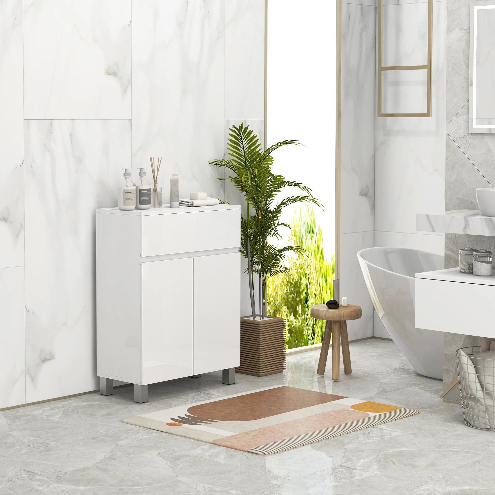 kleankin High Gloss Bathroom Floor Cabinet Storage Cupboard with Drawer - Image 2