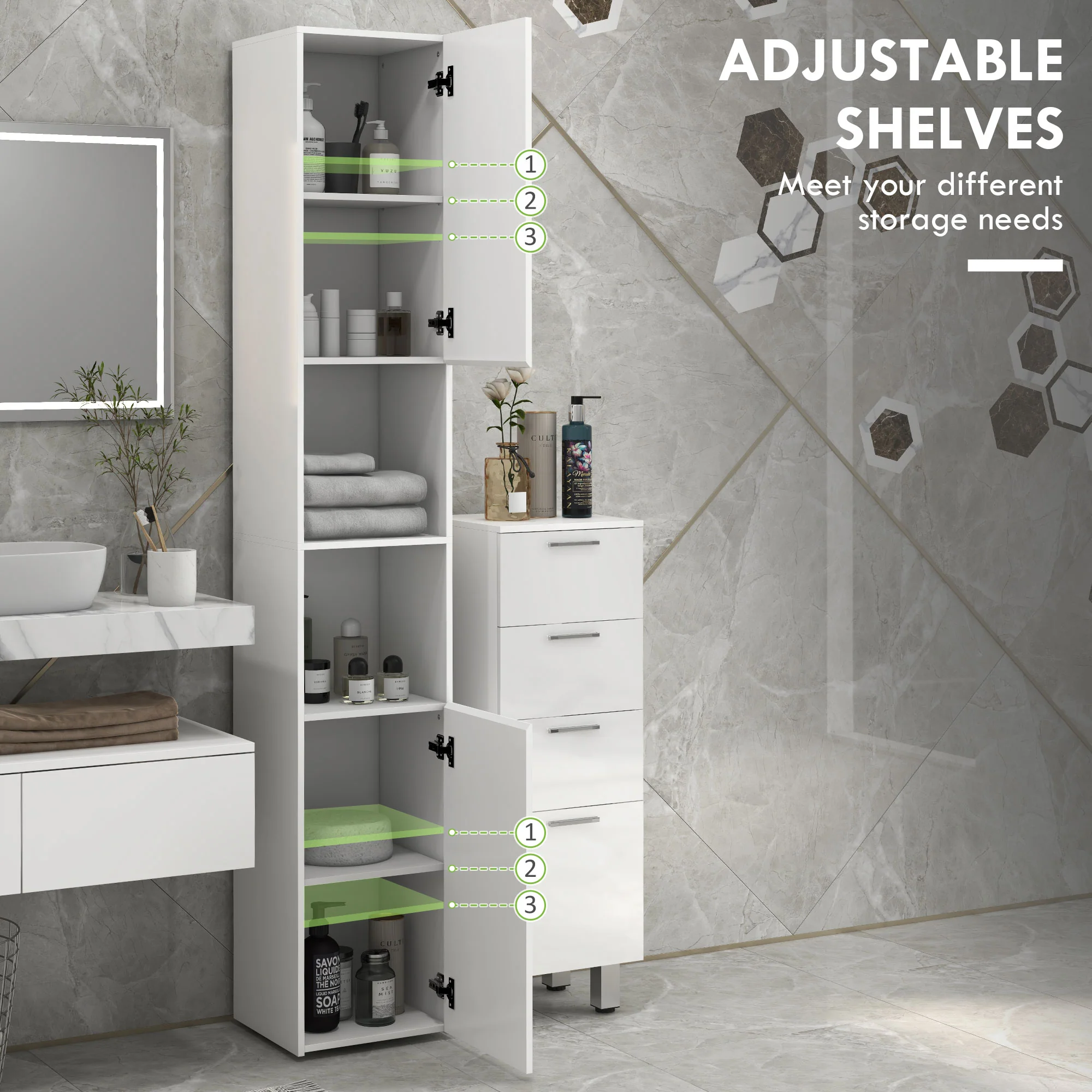 Kleankin High Gloss Bathroom Storage Cabinet With Adjustable Shelves White - Image 4