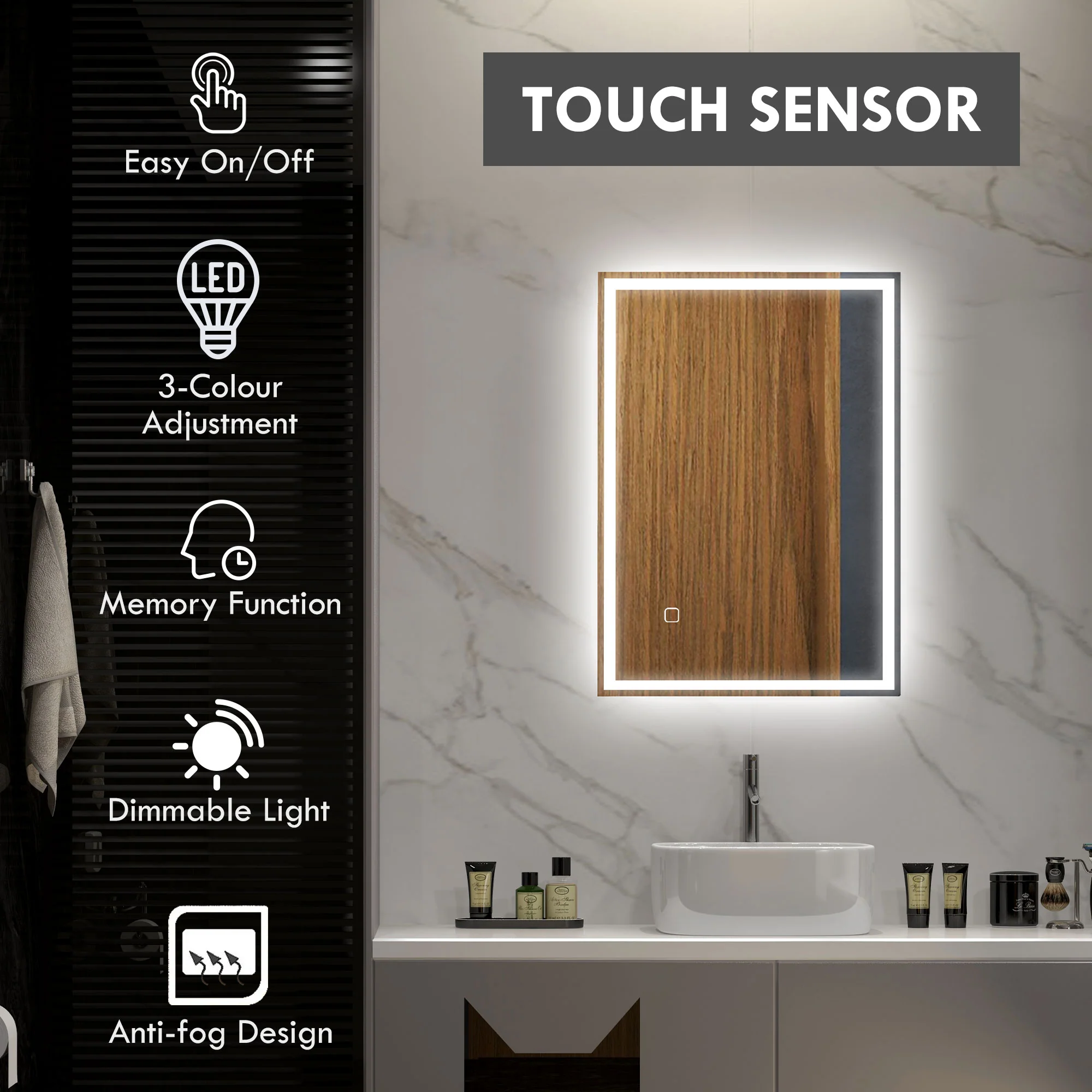 kleankin Illuminated Bathroom Mirror with LED Lights, 3 Colours, Defogging Film - Image 3