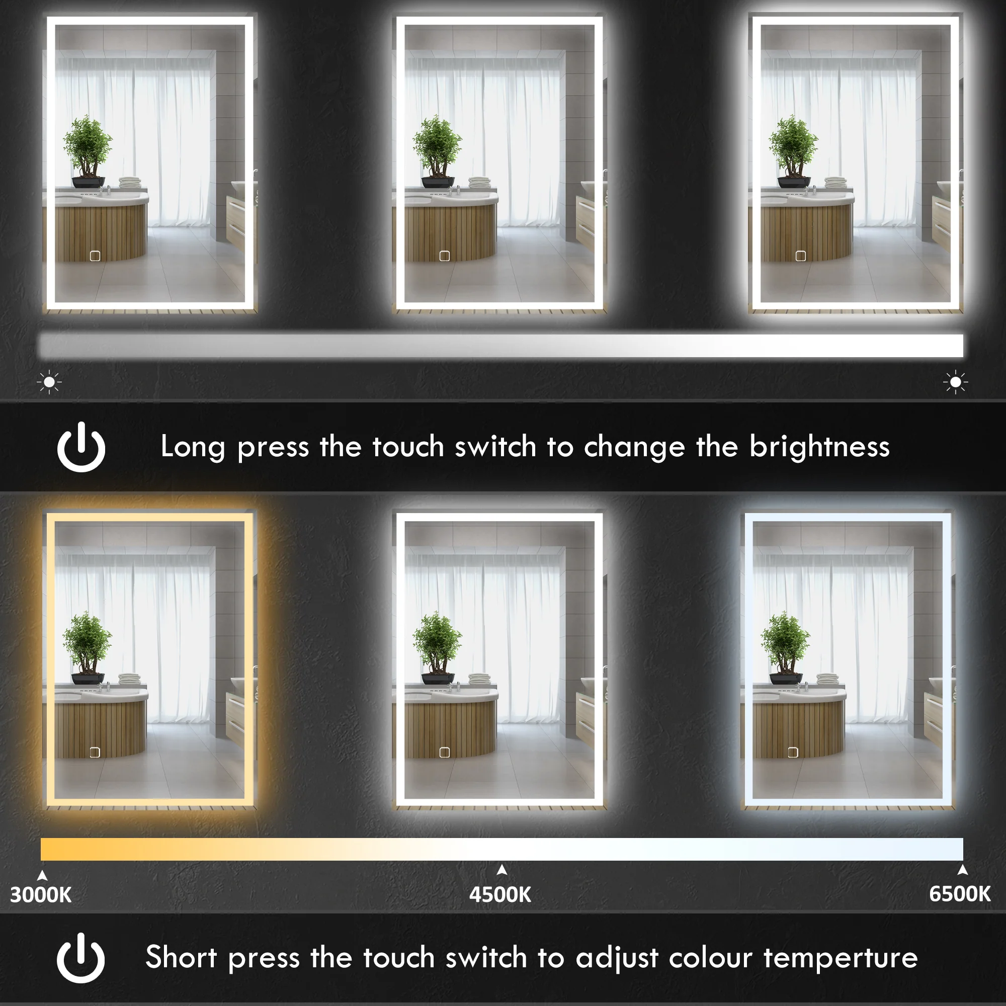 kleankin Illuminated Bathroom Mirror with LED Lights, 3 Colours, Defogging Film - Image 4