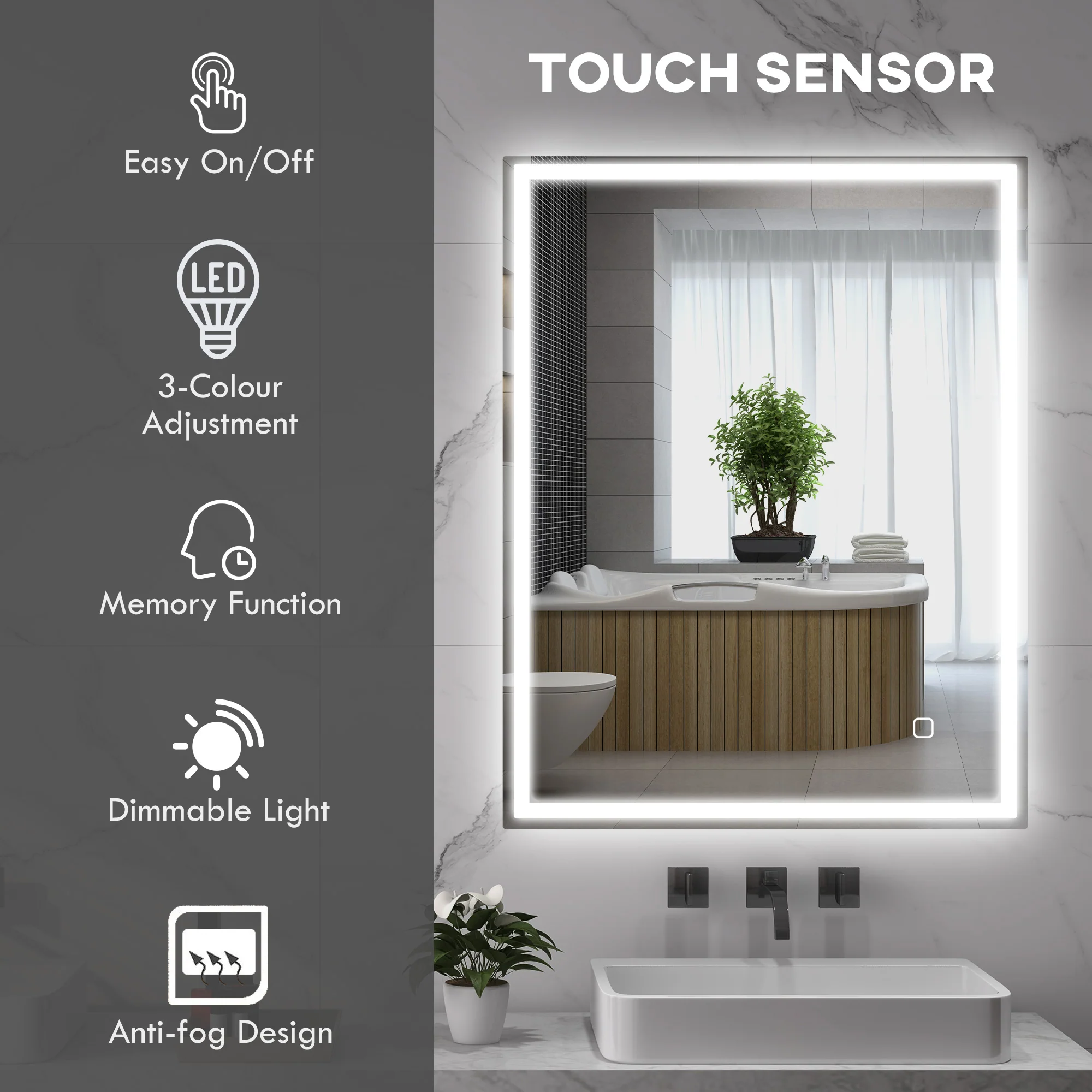 kleankin Illuminated Bathroom Mirror with LED Lights, 3 Colours, Defogging Film - Image 3