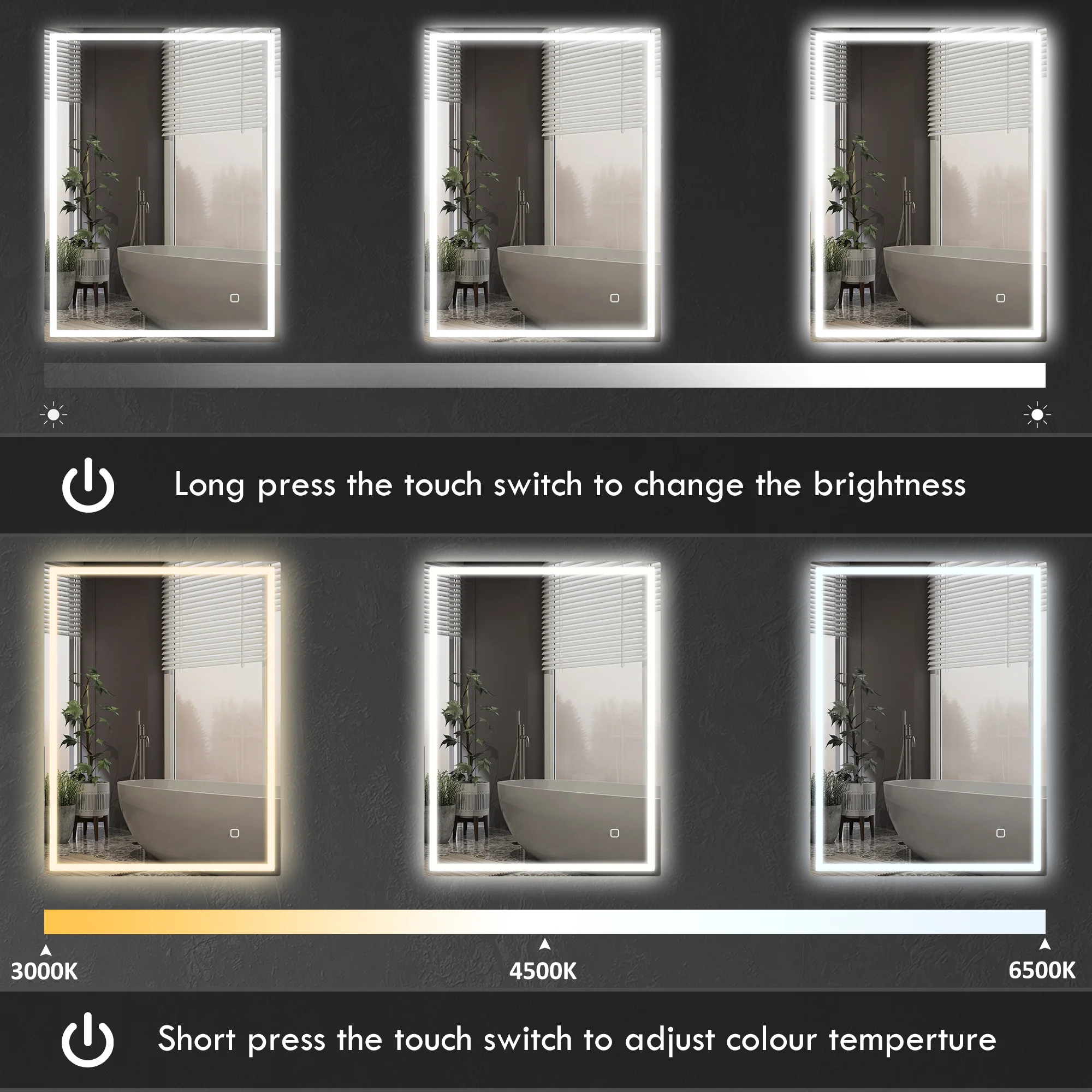 kleankin Illuminated Bathroom Mirror with LED Lights, 3 Colours, Defogging Film - Image 4