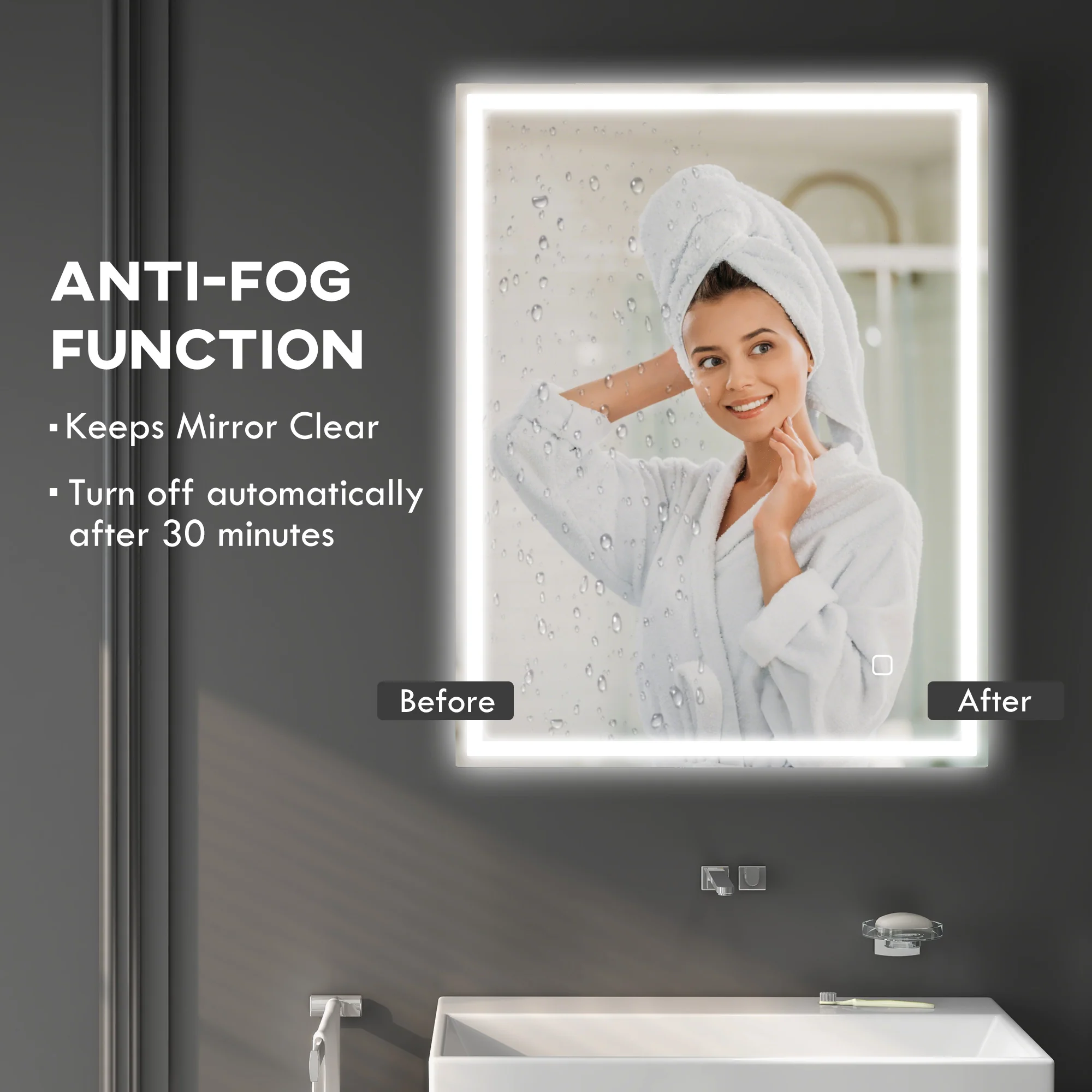kleankin Illuminated Bathroom Mirror with LED Lights, 3 Colours, Defogging Film - Image 6