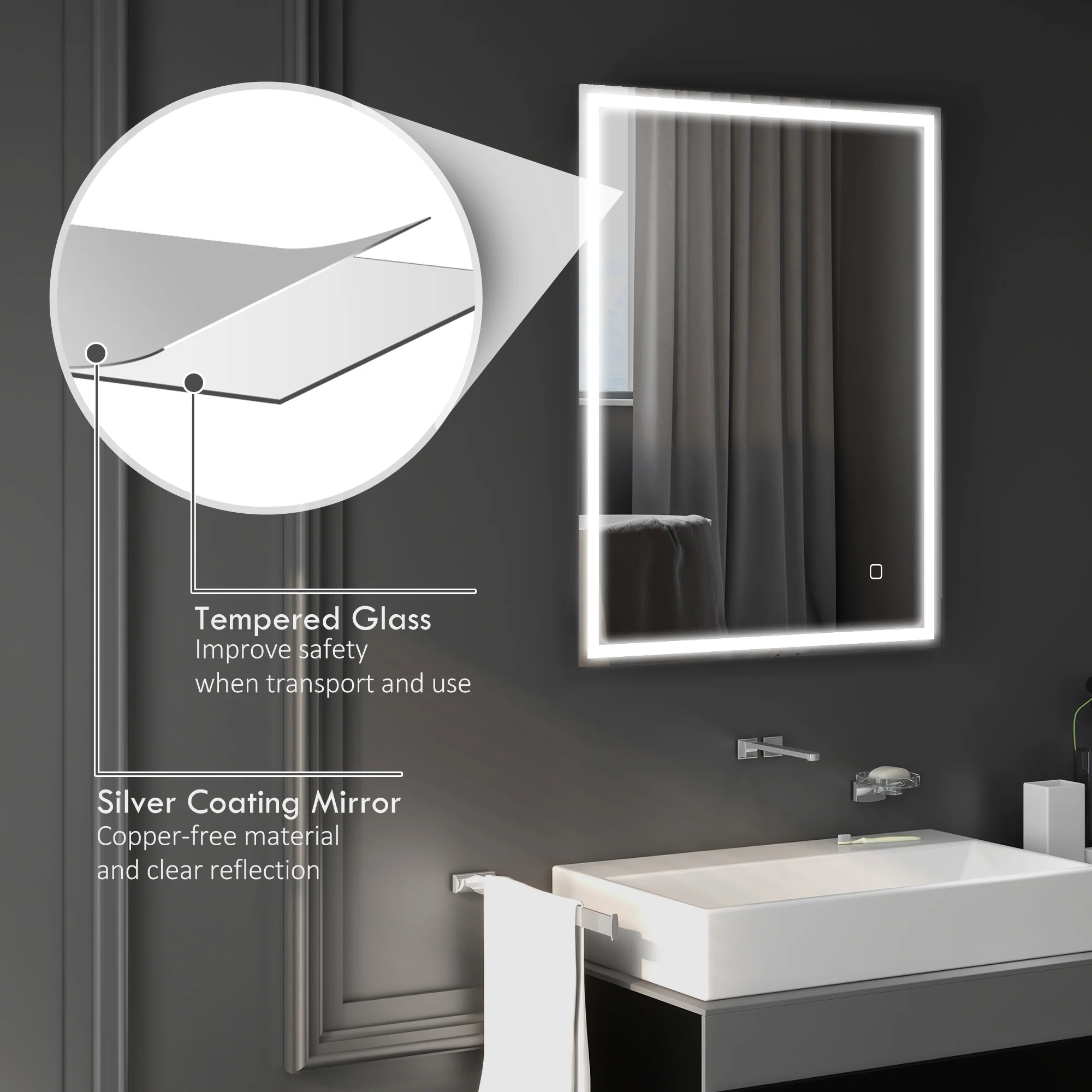 kleankin Illuminated Bathroom Mirror with LED Lights, 3 Colours, Defogging Film - Image 7