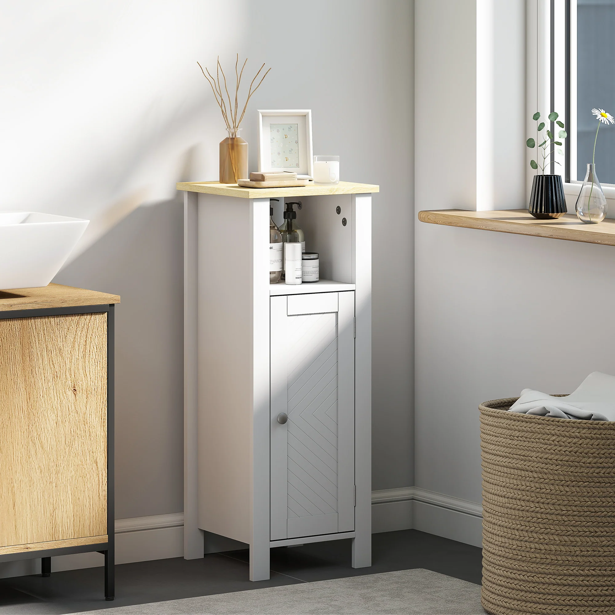 kleankin Narrow Bathroom Storage Cabinet with Open Shelf, White - Image 2