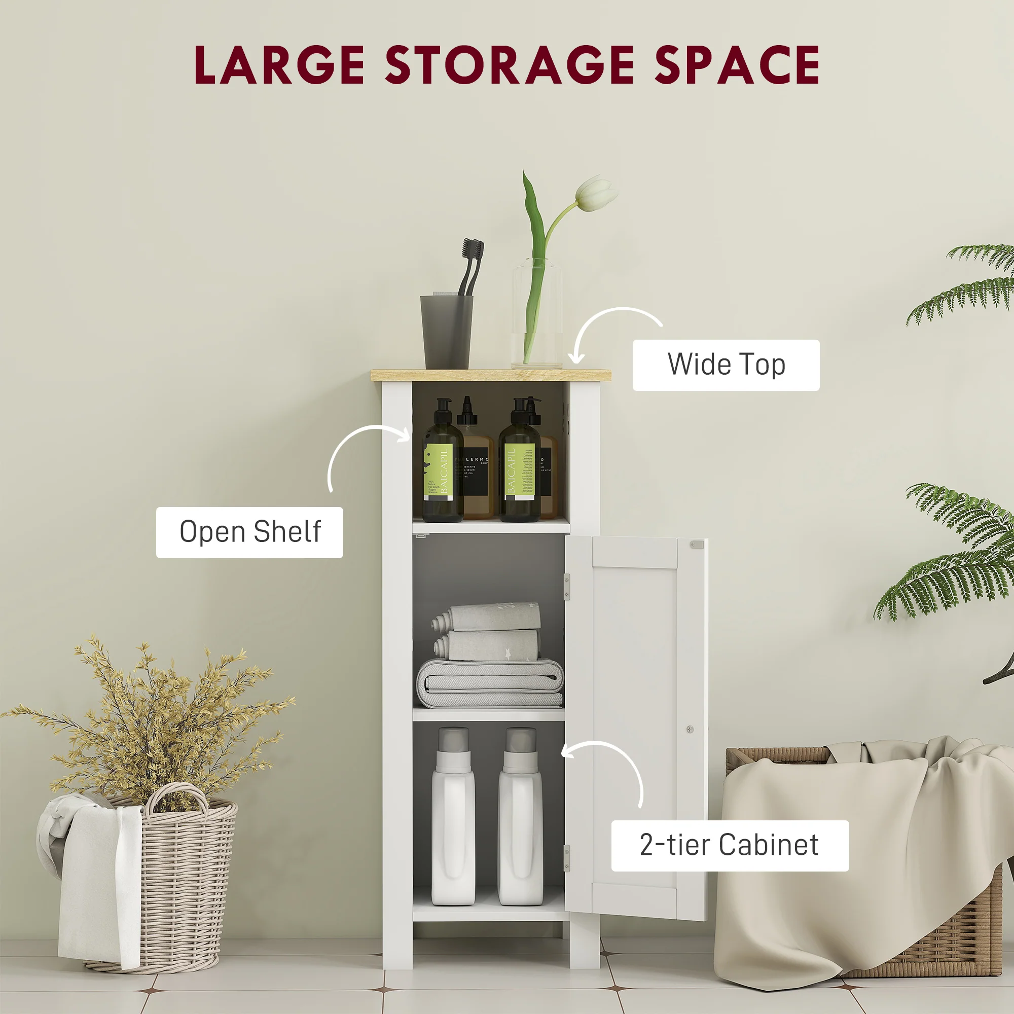 kleankin Narrow Bathroom Storage Cabinet with Open Shelf, White - Image 3