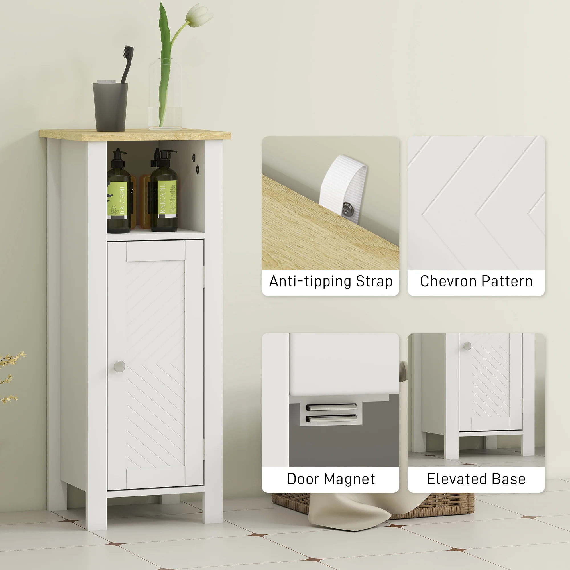 kleankin Narrow Bathroom Storage Cabinet with Open Shelf, White - Image 6
