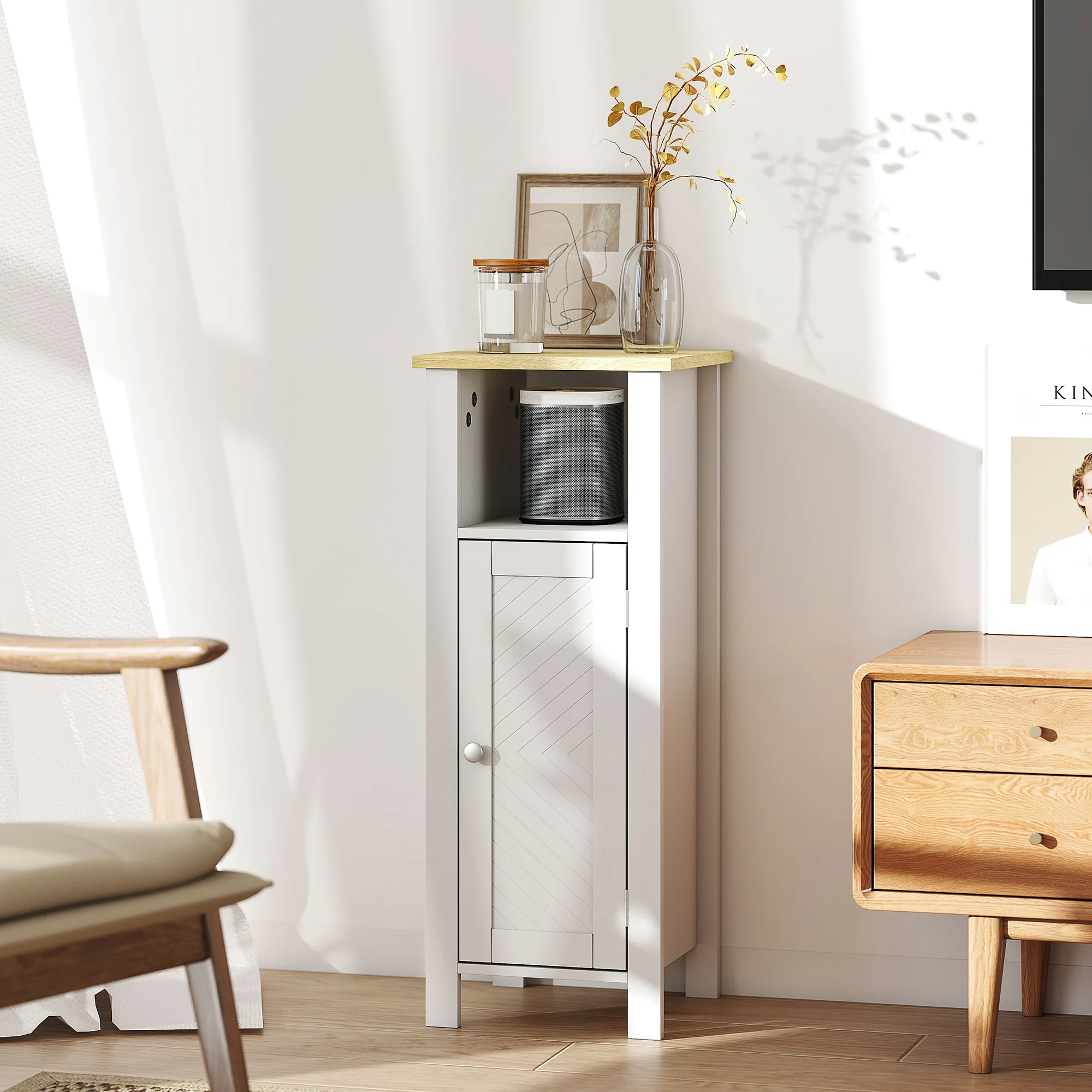 kleankin Narrow Bathroom Storage Cabinet with Open Shelf, White - Image 8