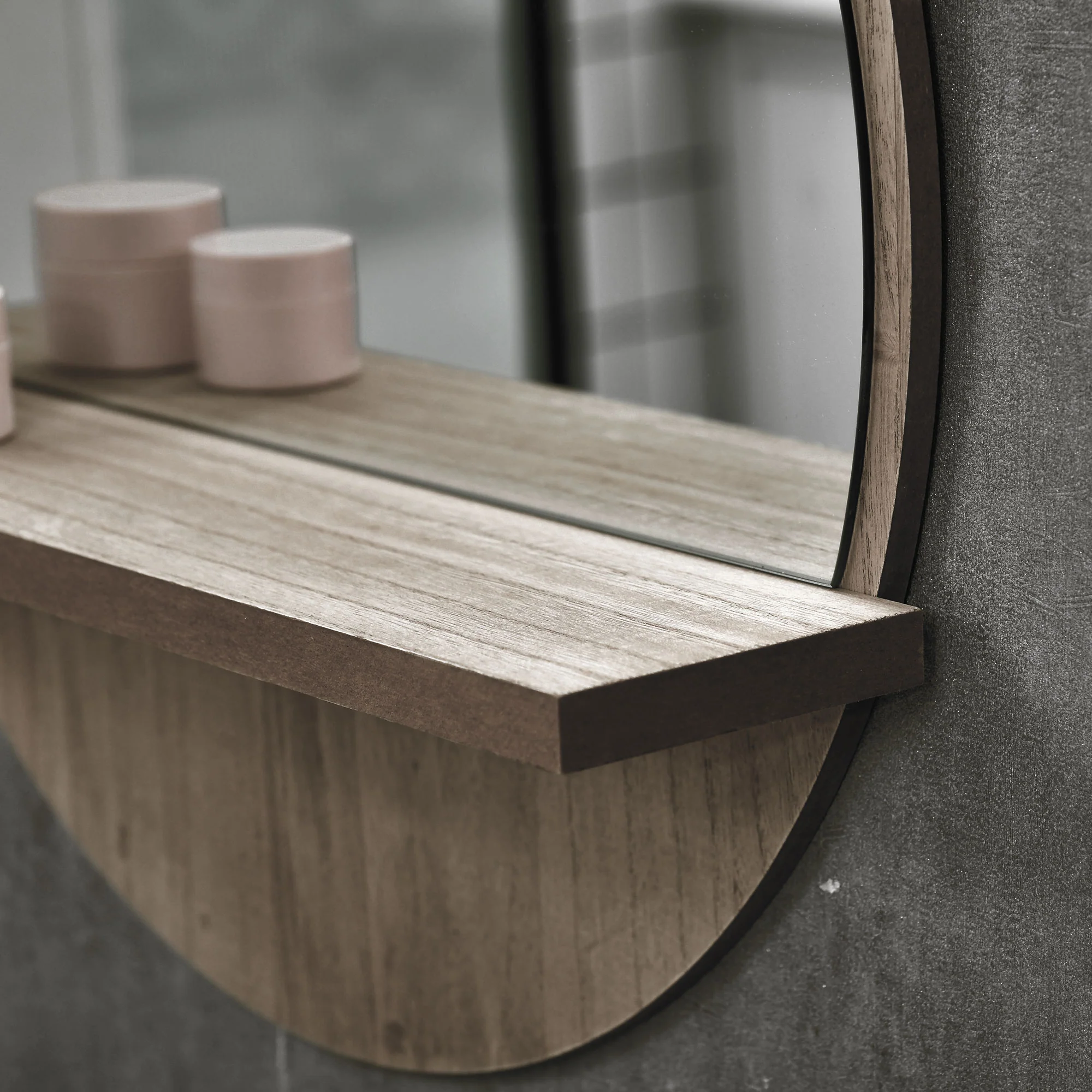 Kleankin Round Mirror For Wall Makeup Mirror With Shelf Grey Wood Effect - Image 10