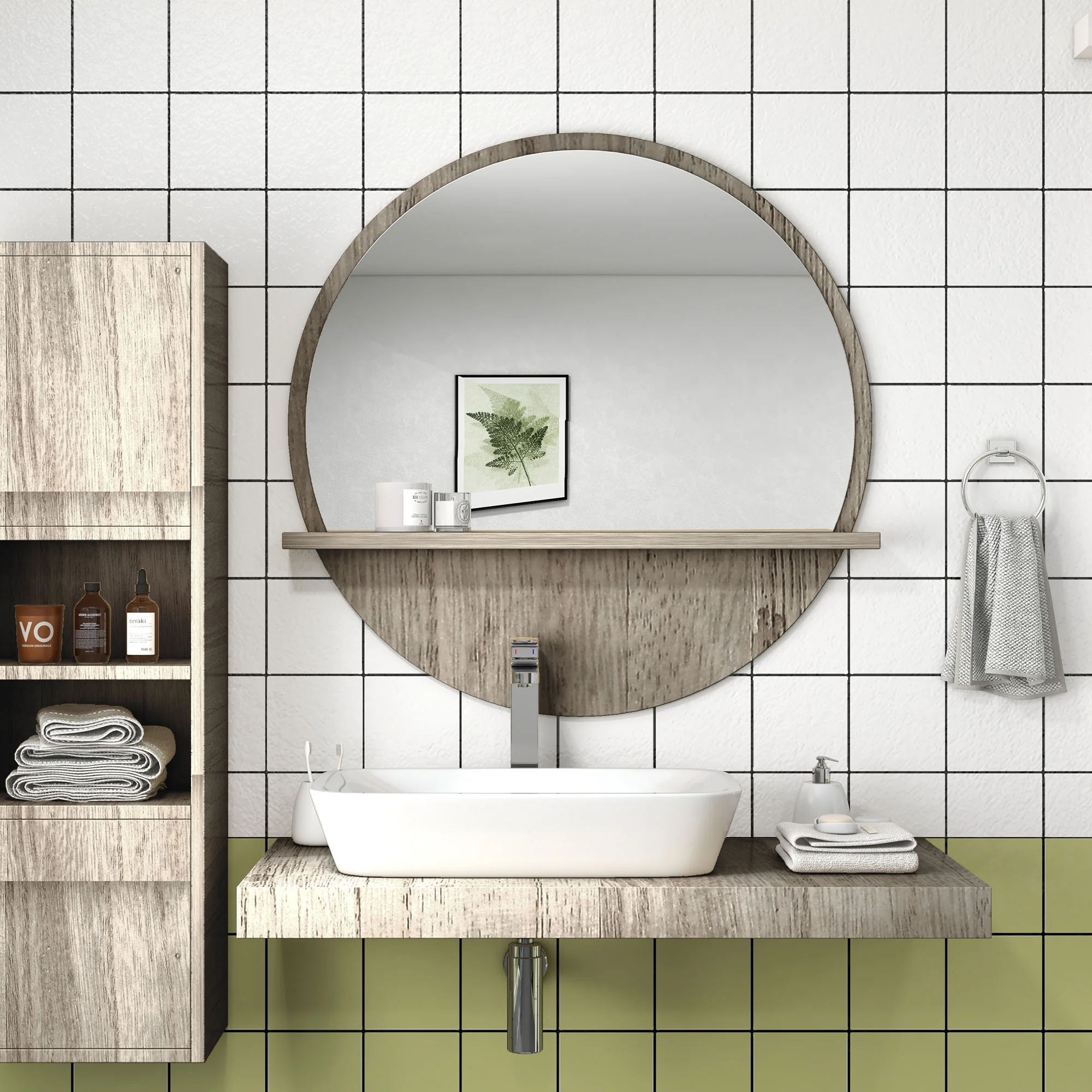 Kleankin Round Mirror For Wall Makeup Mirror With Shelf Grey Wood Effect - Image 3