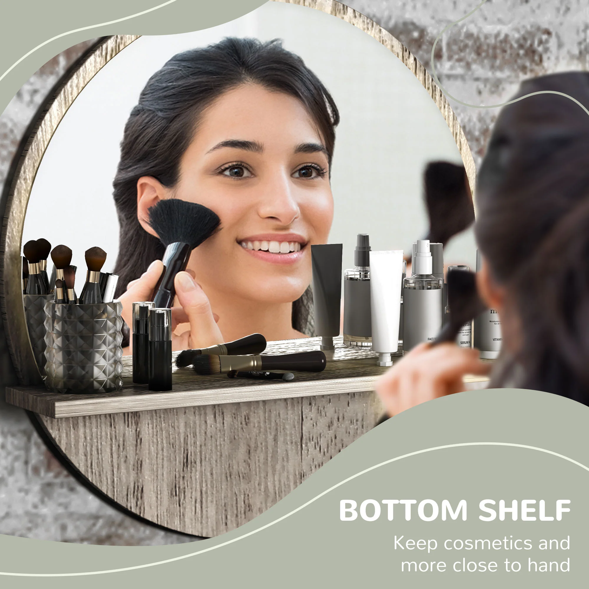 Kleankin Round Mirror For Wall Makeup Mirror With Shelf Grey Wood Effect - Image 4