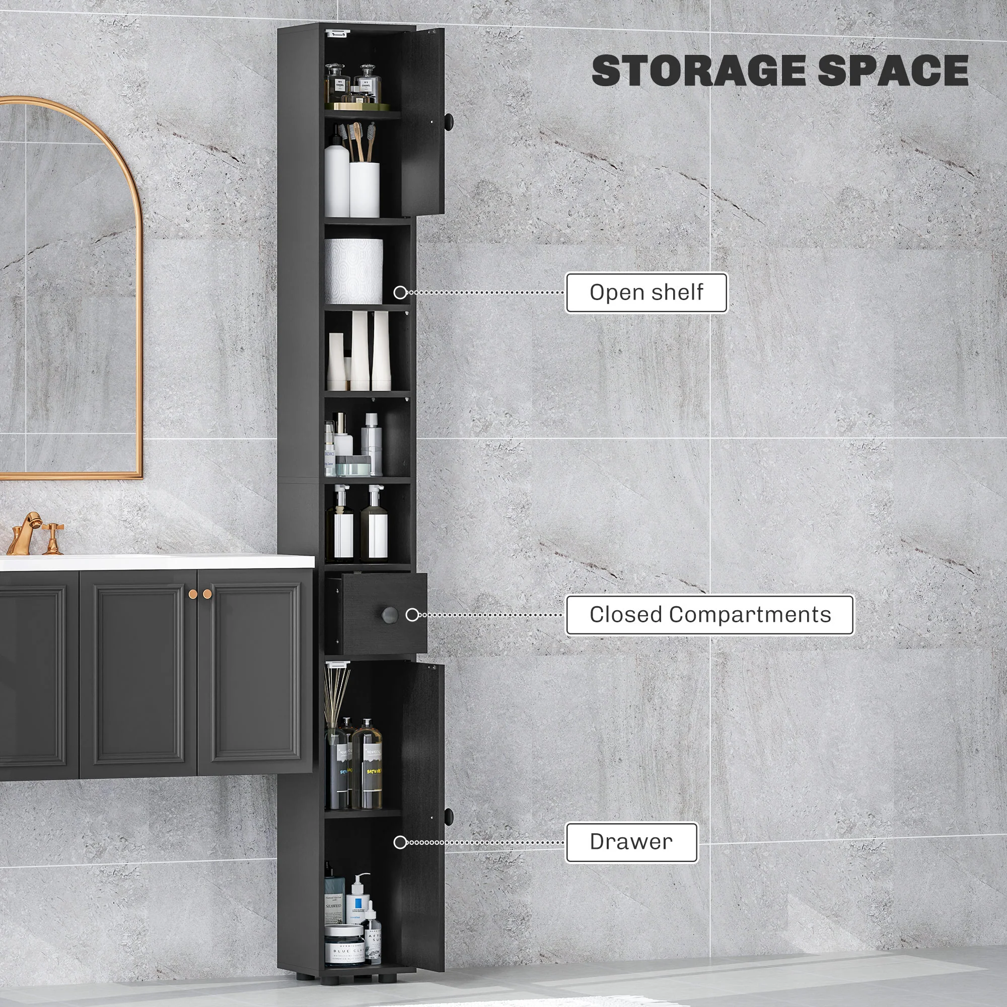 kleankin Slim Bathroom Cabinet, Toilet Roll Storage w/ Open Shelves, Black - Image 4
