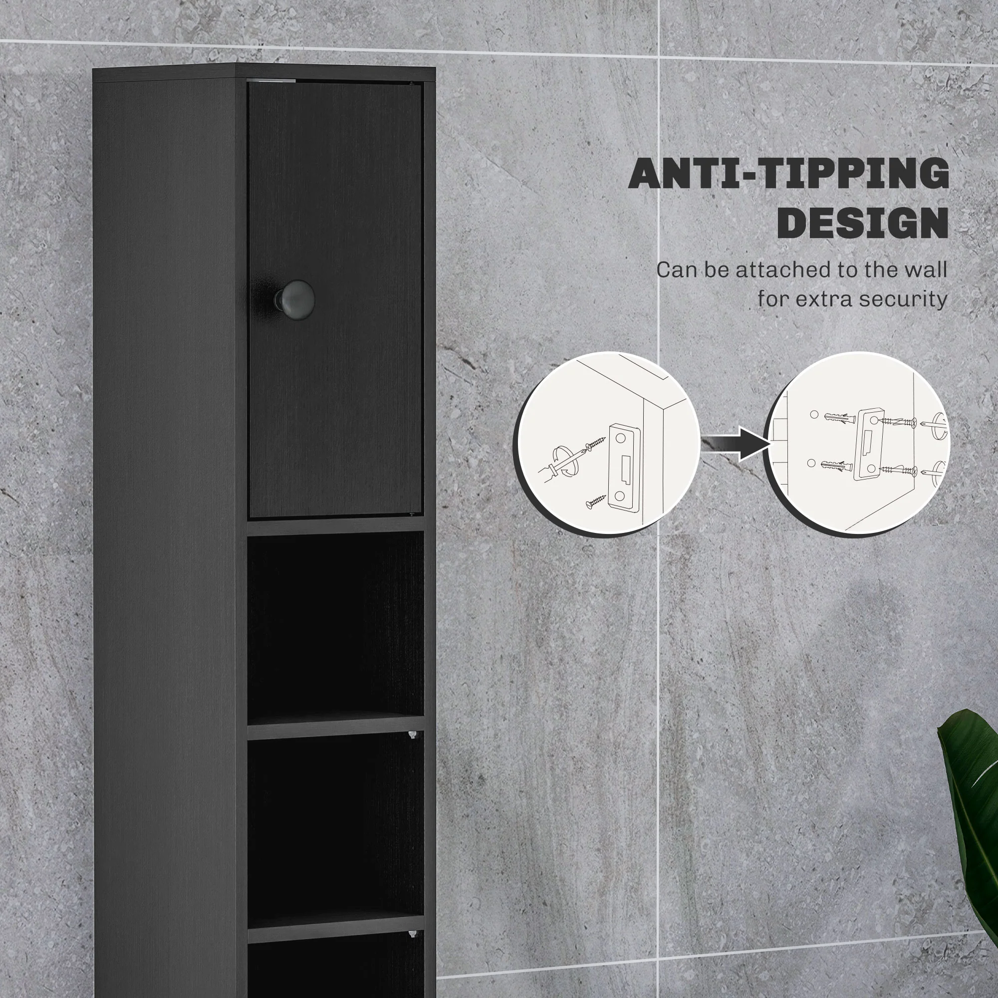 kleankin Slim Bathroom Cabinet, Toilet Roll Storage w/ Open Shelves, Black - Image 5