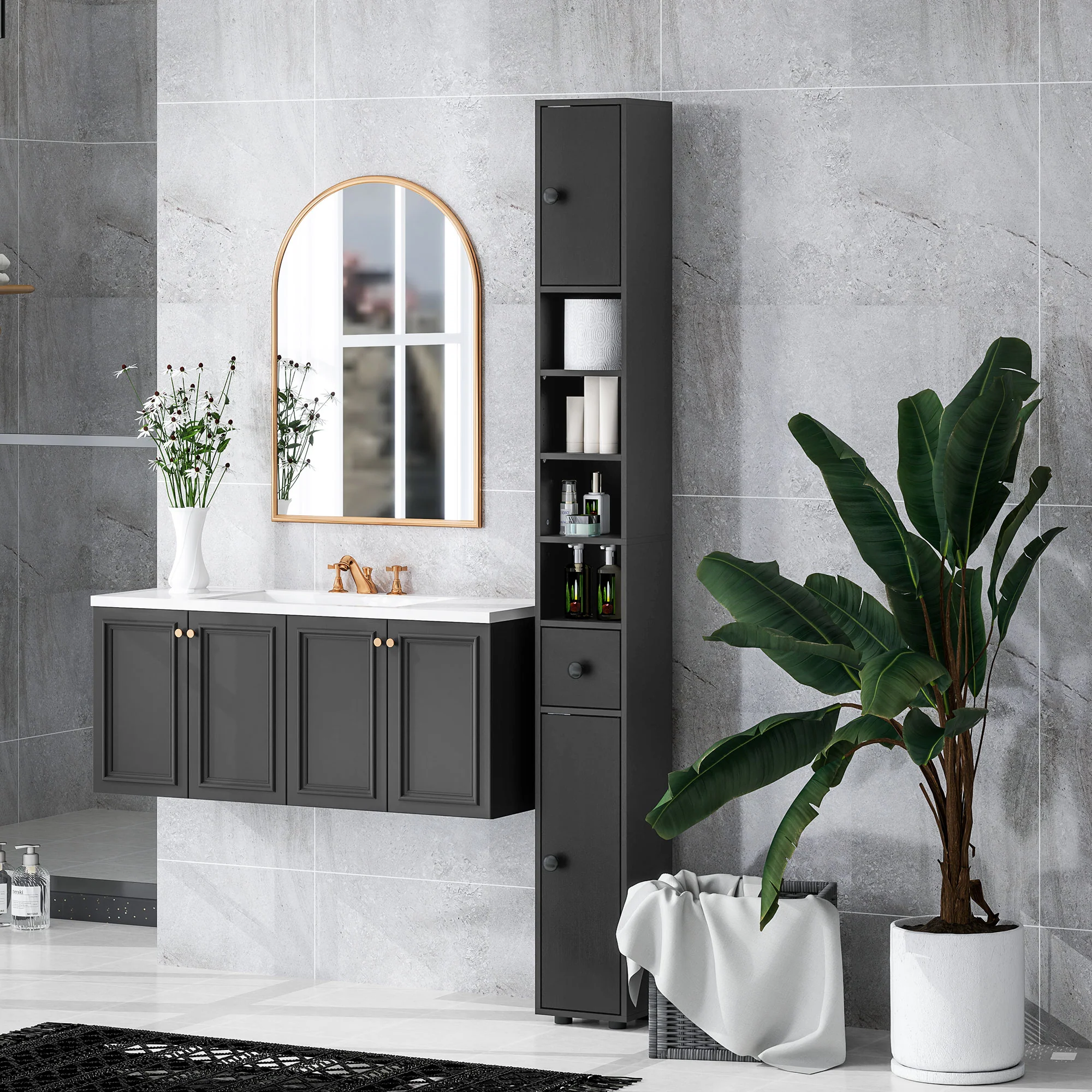 kleankin Slim Bathroom Cabinet, Toilet Roll Storage w/ Open Shelves, Black - Image 7