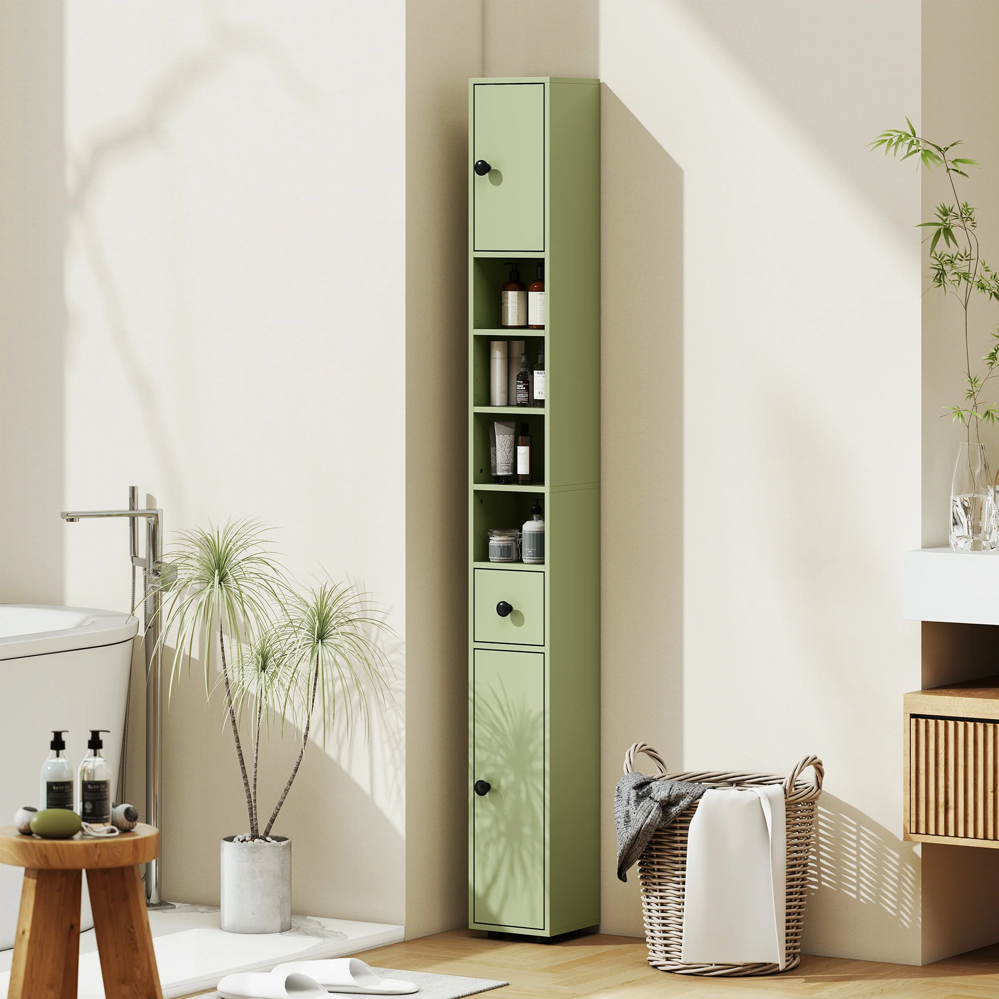 Kleankin Slim Bathroom Cabinet, Toilet Roll Storage W/ Open Shelves, Green - Image 2