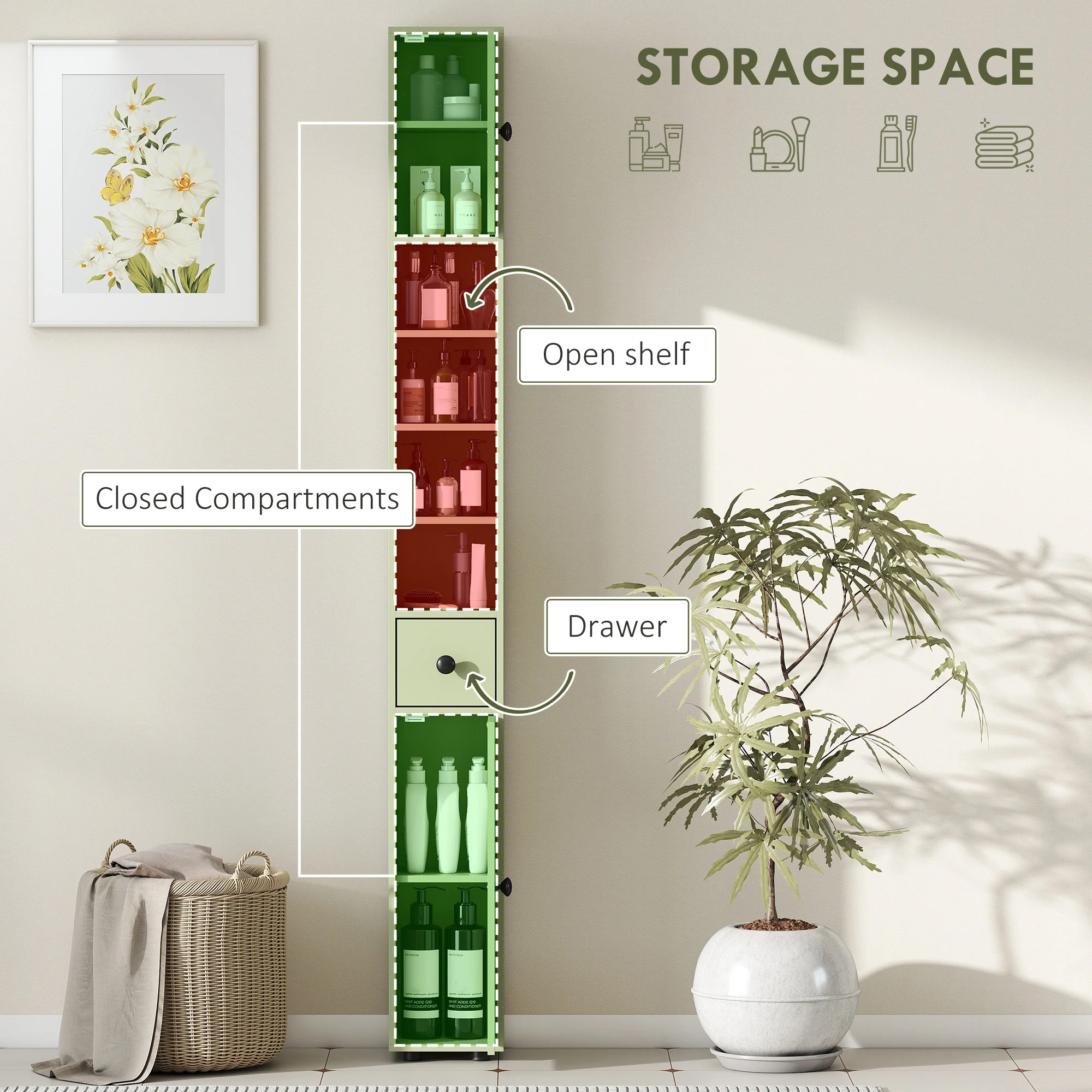 Kleankin Slim Bathroom Cabinet, Toilet Roll Storage W/ Open Shelves, Green - Image 3