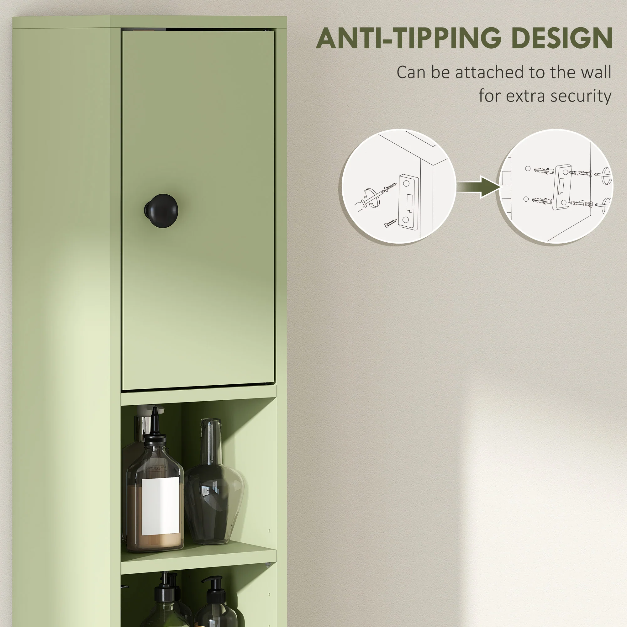 Kleankin Slim Bathroom Cabinet, Toilet Roll Storage W/ Open Shelves, Green - Image 4