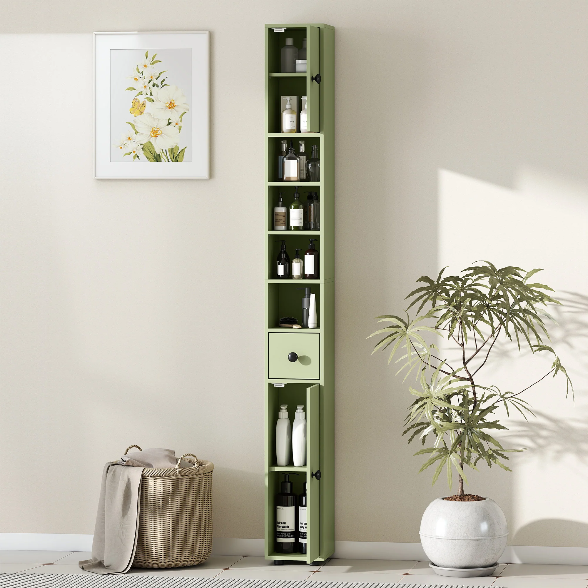 Kleankin Slim Bathroom Cabinet, Toilet Roll Storage W/ Open Shelves, Green - Image 7