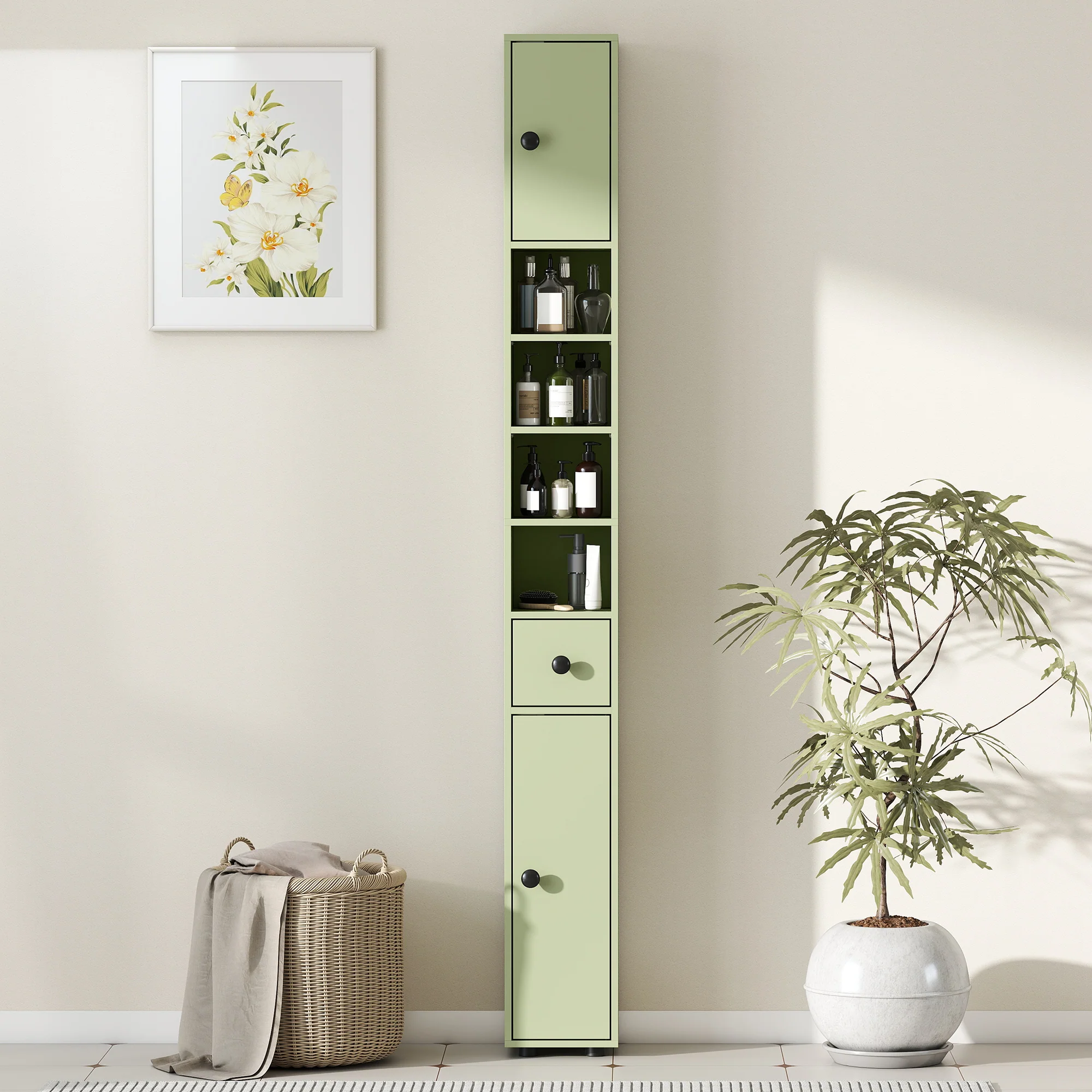 Kleankin Slim Bathroom Cabinet, Toilet Roll Storage W/ Open Shelves, Green - Image 8