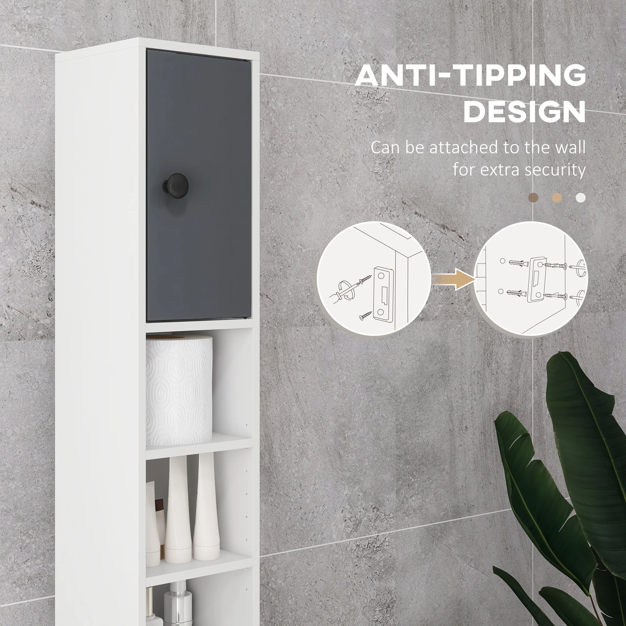 Kleankin Slim Bathroom Cabinet, Toilet Roll Storage W/ Open Shelves, Grey - Image 4