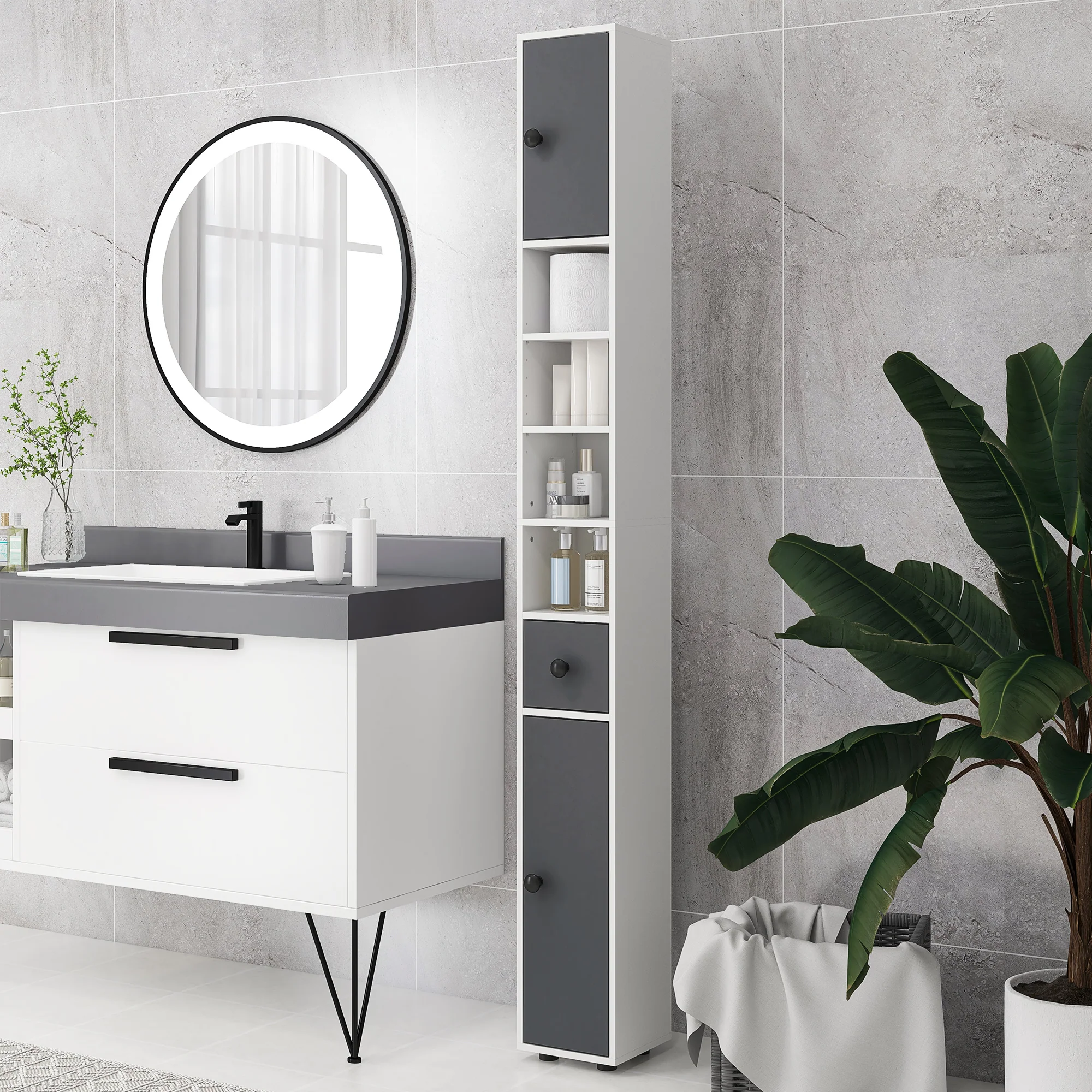 Kleankin Slim Bathroom Cabinet, Toilet Roll Storage W/ Open Shelves, Grey - Image 7