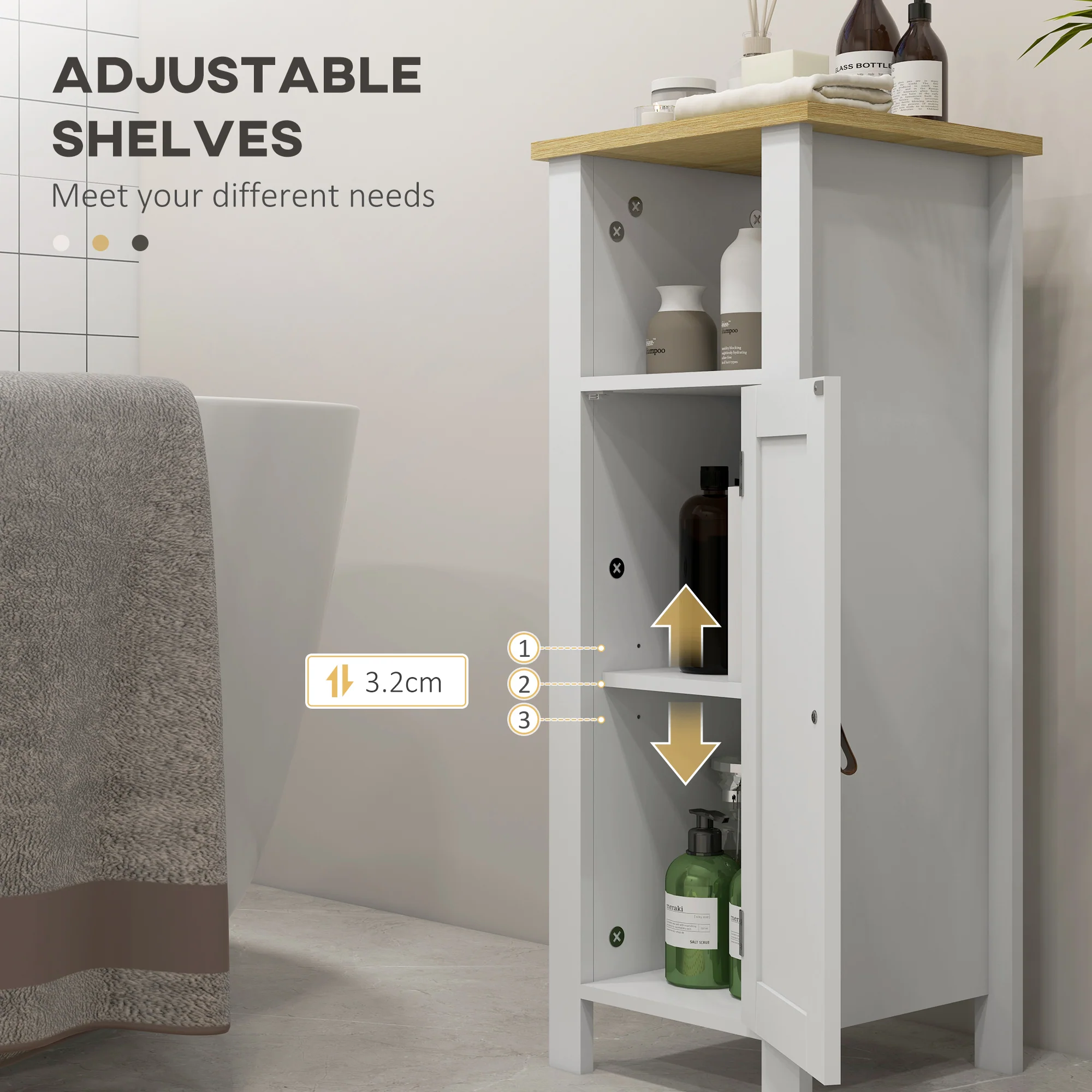 kleankin Slim Bathroom Storage Unit with Adjustable Shelf, White - Image 4
