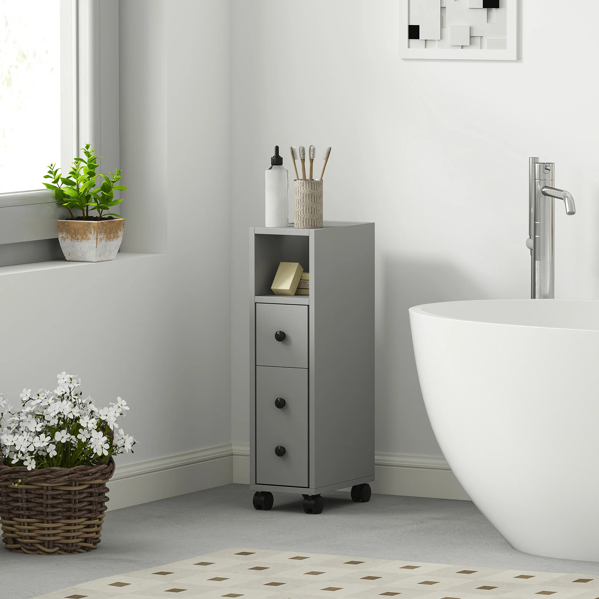 kleankin Slim Bathroom Storage with 2 Drawers, 2 Open and Wheels, Grey - Image 2