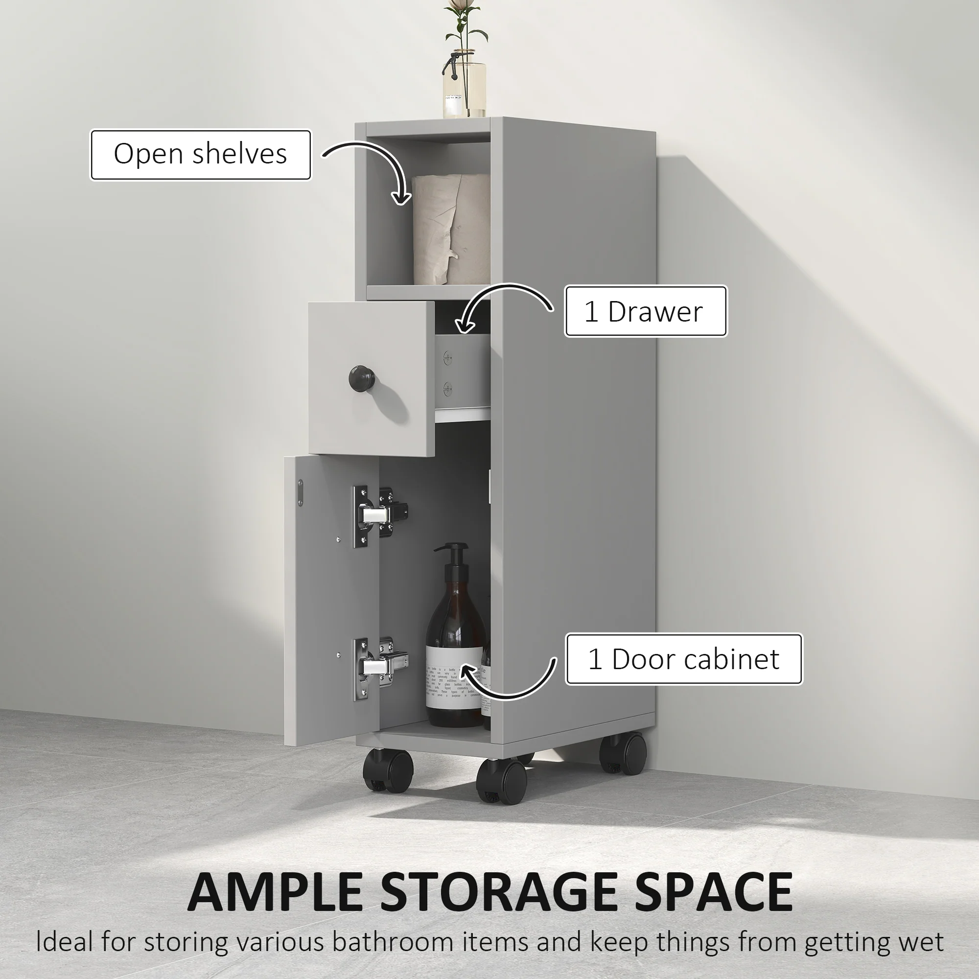 kleankin Slim Bathroom Storage with 2 Drawers, 2 Open and Wheels, Grey - Image 3