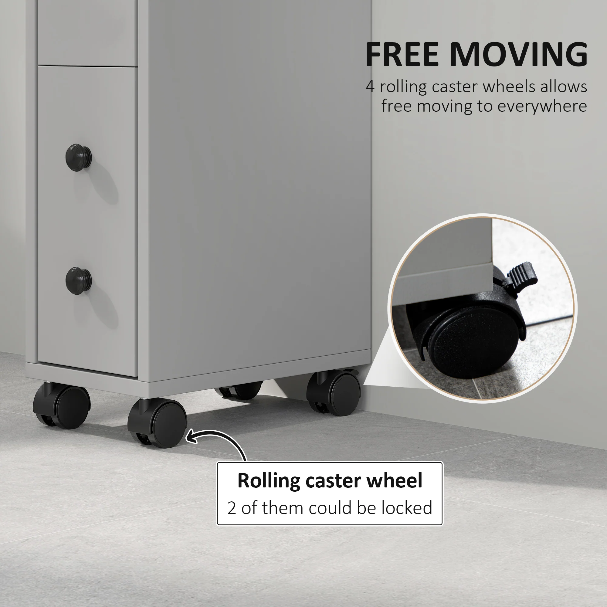 kleankin Slim Bathroom Storage with 2 Drawers, 2 Open and Wheels, Grey - Image 4