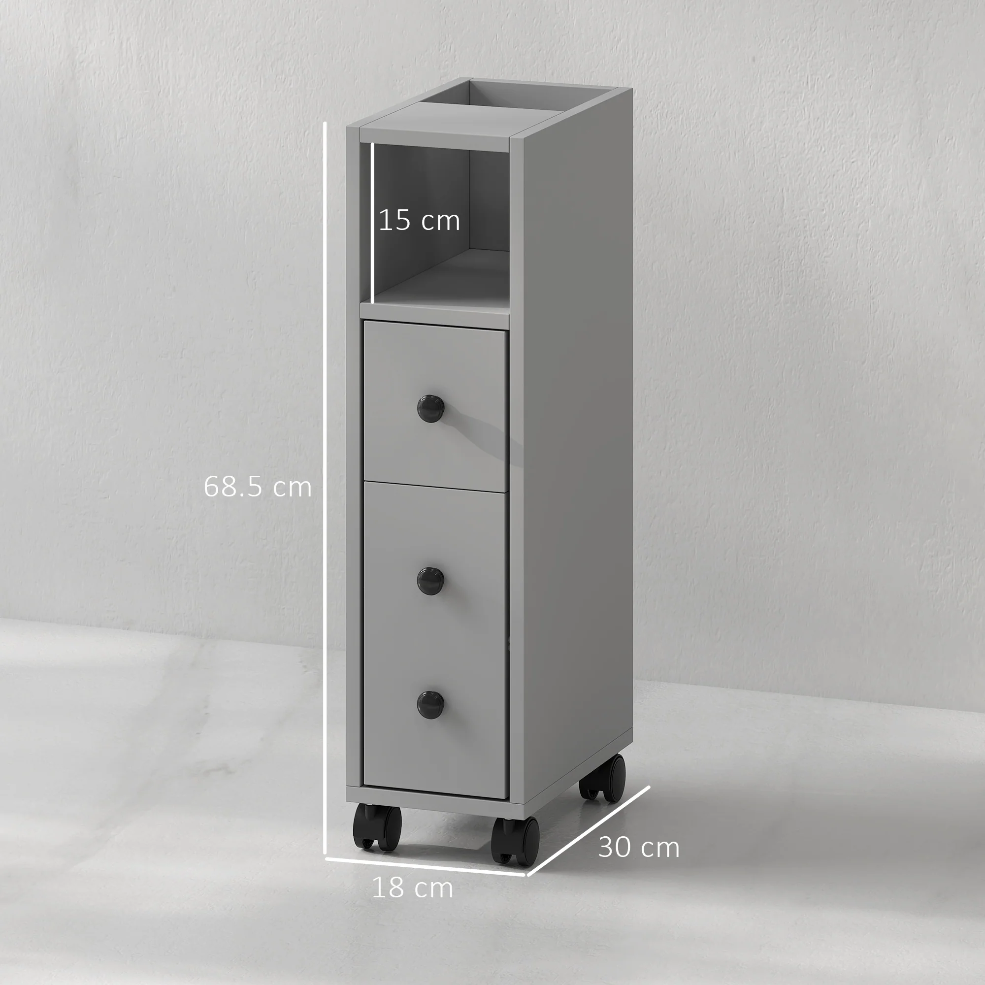 kleankin Slim Bathroom Storage with 2 Drawers, 2 Open and Wheels, Grey - Image 5