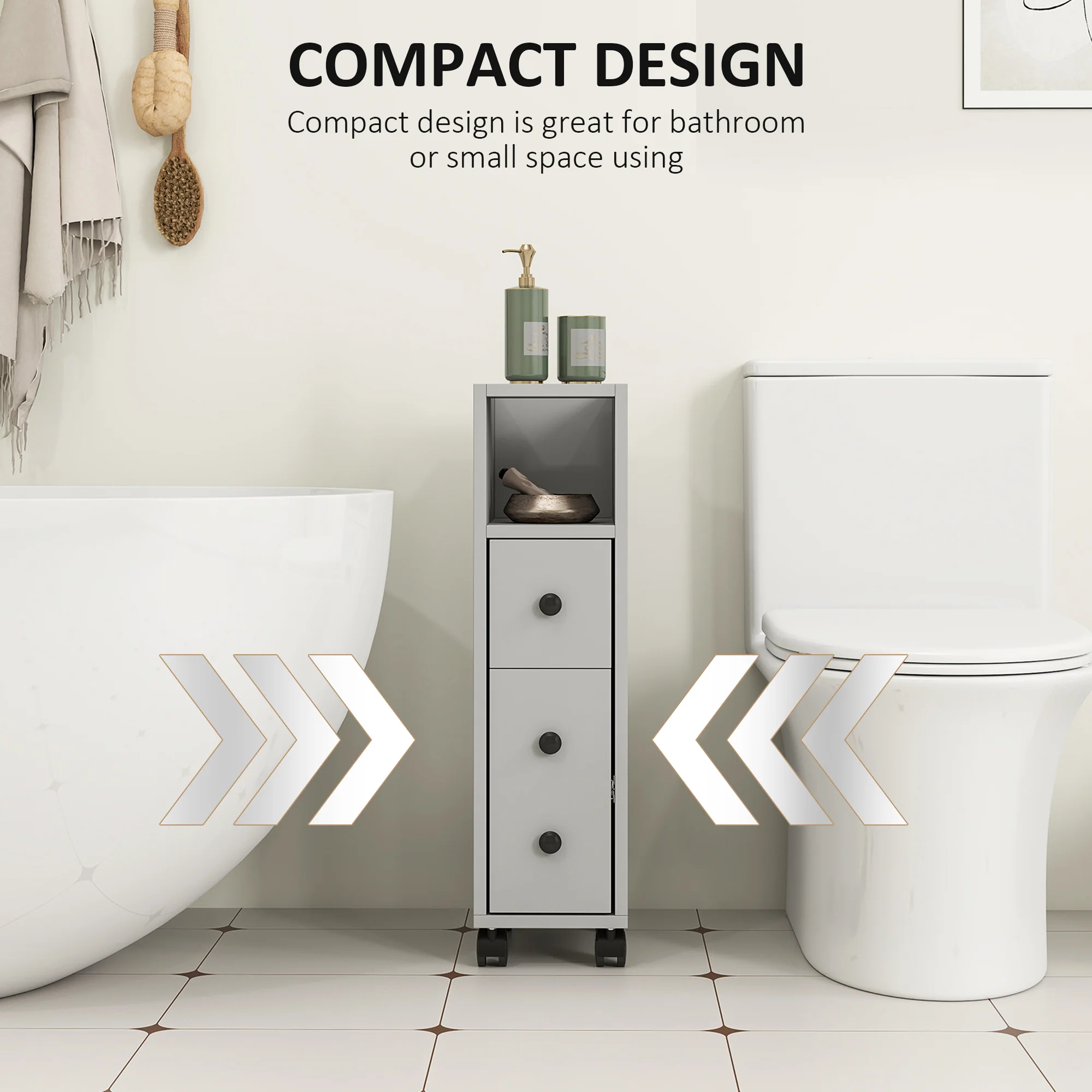 kleankin Slim Bathroom Storage with 2 Drawers, 2 Open and Wheels, Grey - Image 6