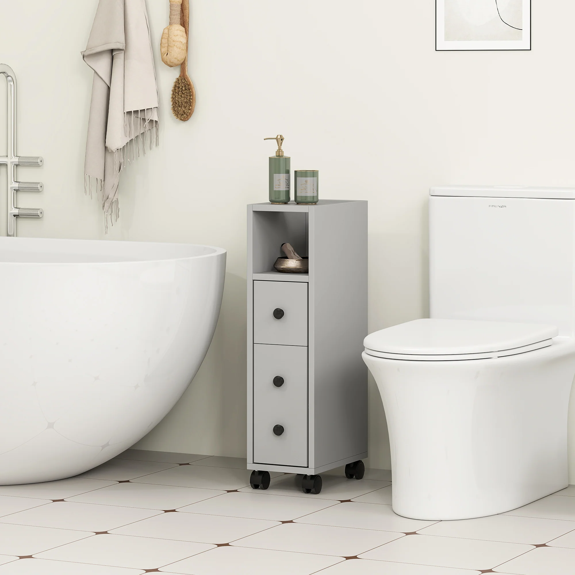 kleankin Slim Bathroom Storage with 2 Drawers, 2 Open and Wheels, Grey - Image 7