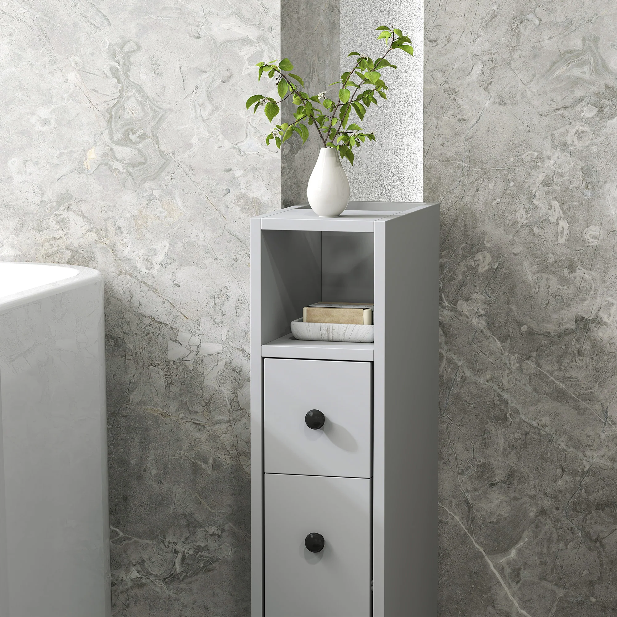kleankin Slim Bathroom Storage with 2 Drawers, 2 Open and Wheels, Grey - Image 8