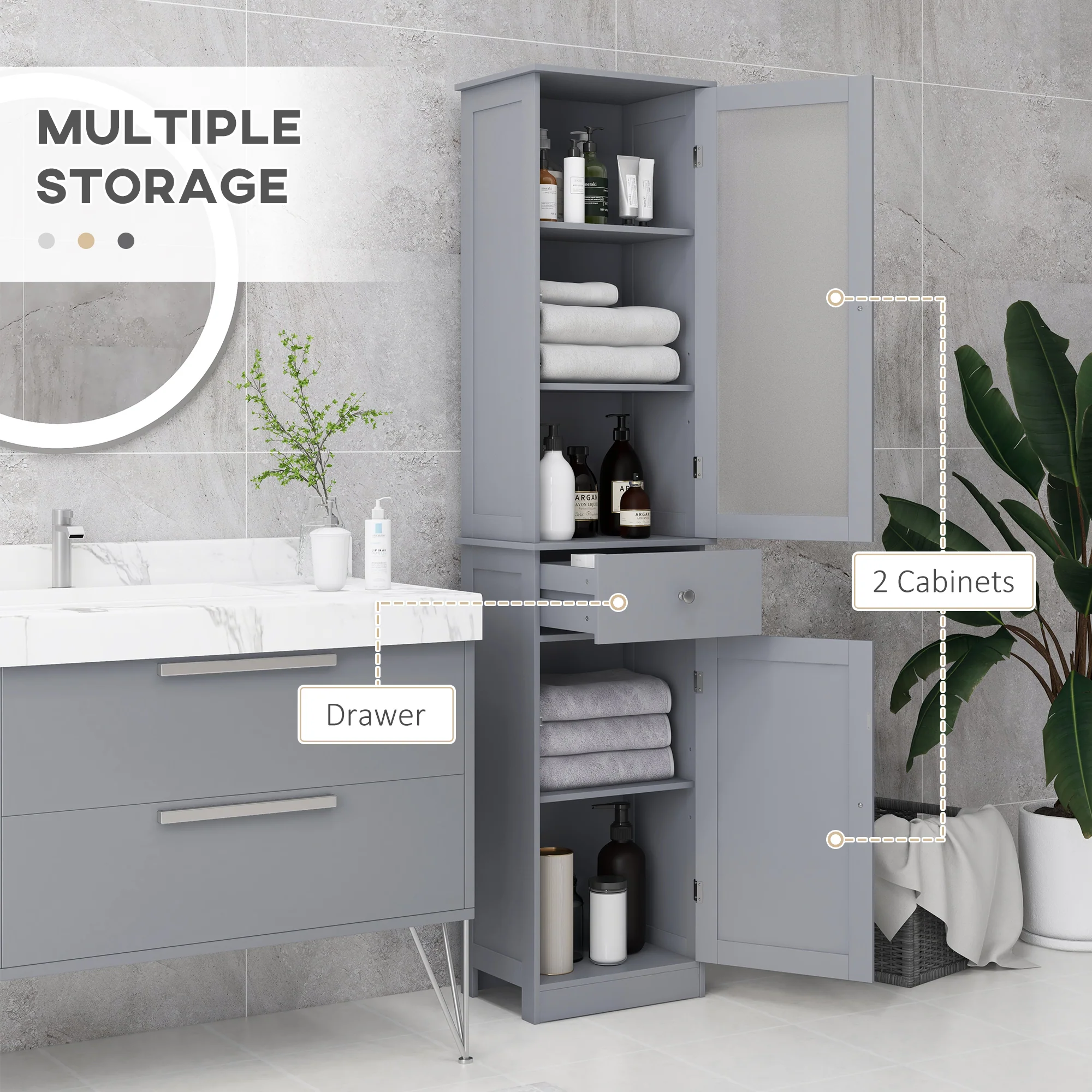 Kleankin Storage Cabinet Organizer Tower With Shelves & Drawer, Grey - Image 3