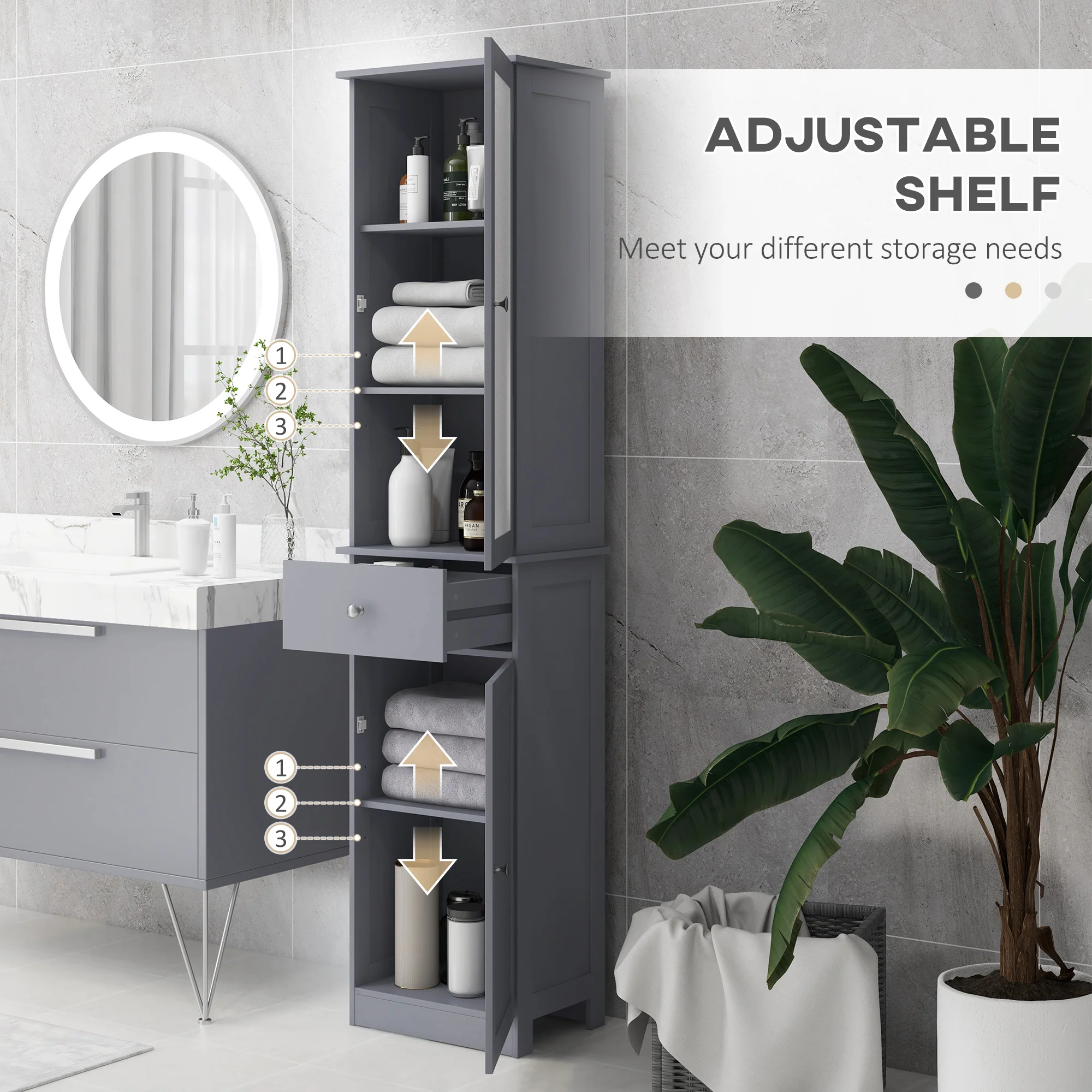 Kleankin Storage Cabinet Organizer Tower With Shelves & Drawer, Grey - Image 6