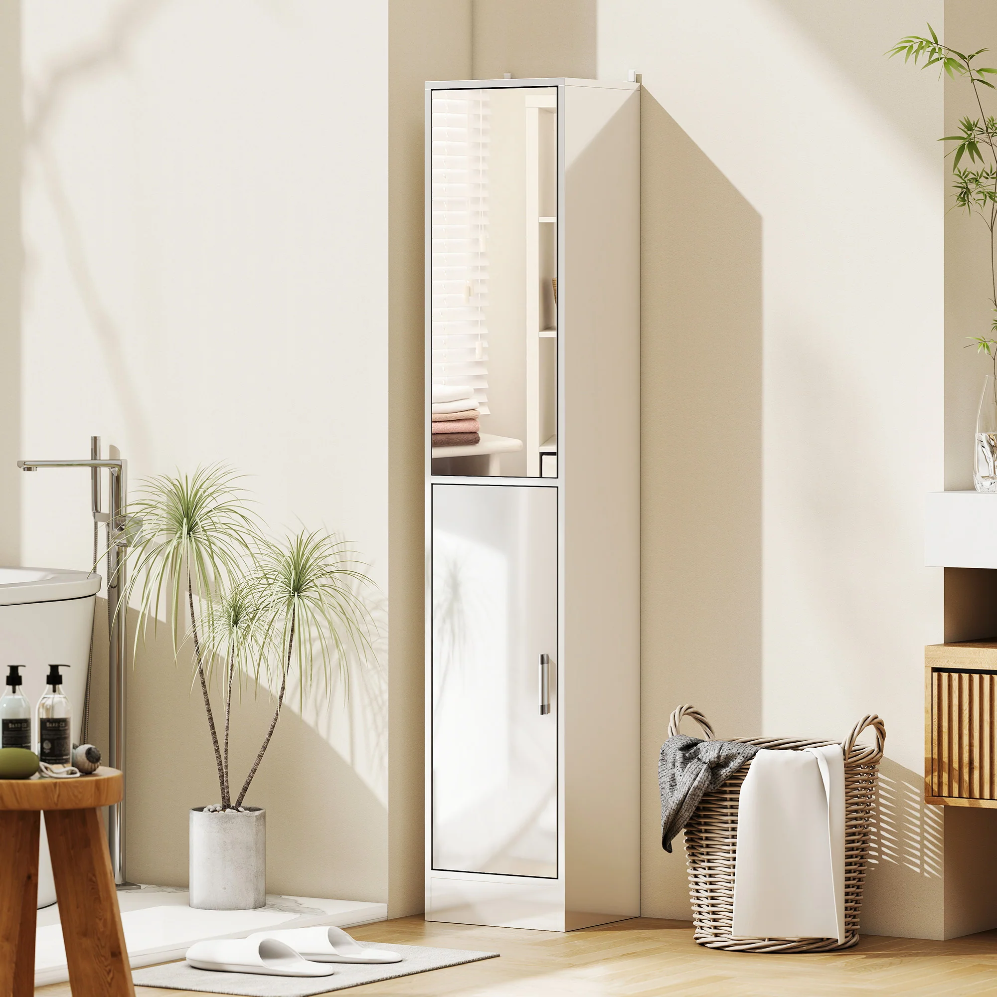 Kleankin Tall Bathroom Cabinet With Mirror, High Gloss White - Image 2